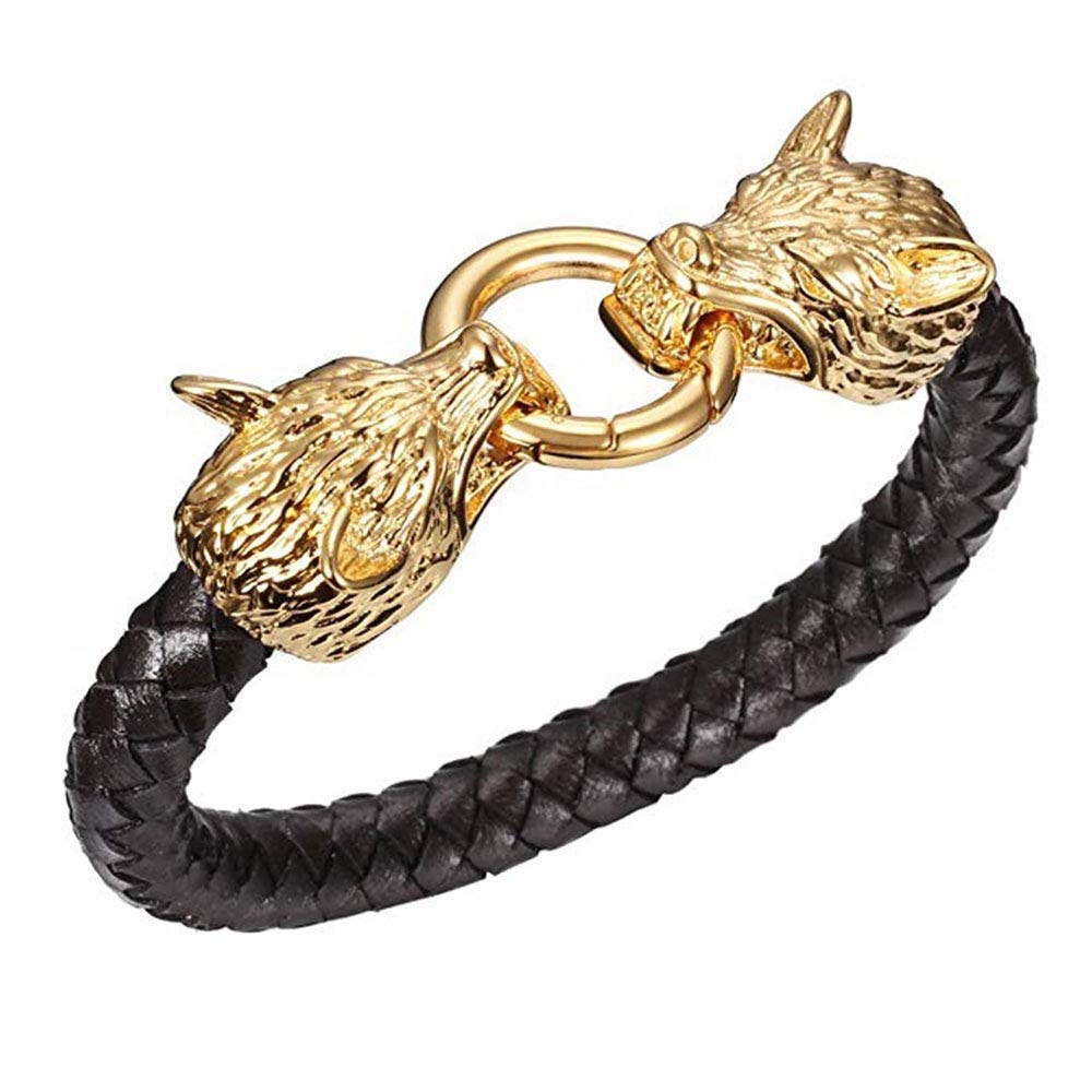 Beewanta 2 Dragon Head Clasp Vintage Titanium Steel Viking Style Men's Braided Leather Bracelet Stainless Steel Jewelry Bracelet Fashion Braided Bracelet (Color : Gold)