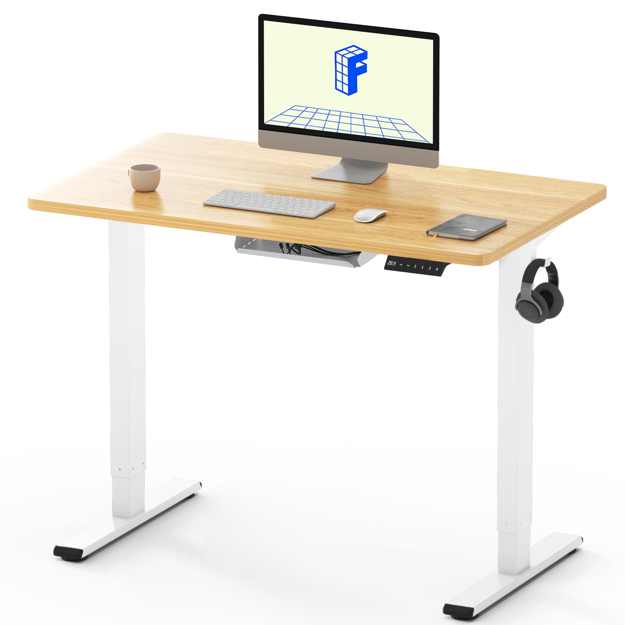 FLEXISPOTONE PIECE Electric Standing Desk Height Adjustable Desk Sit Stand Desk with 4 Memory Smart Pannel and Backpack Hook for Home Office, 100 x 60cm Maple