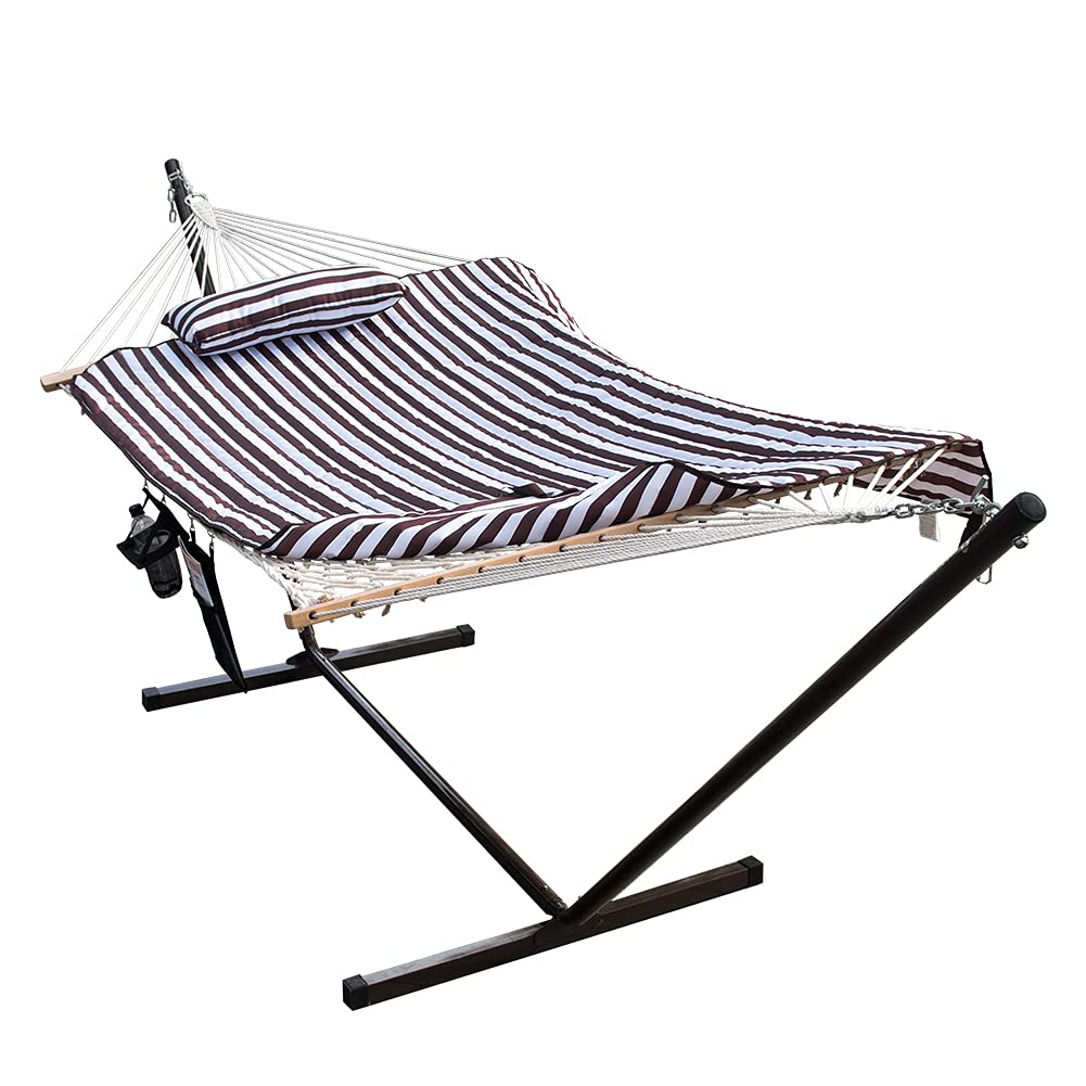 Sundale Outdoor 12 Feet Steel Stand with Rope Hammock Combo, Quilted Polyester Pad and Pillow, Brown/White Stripe