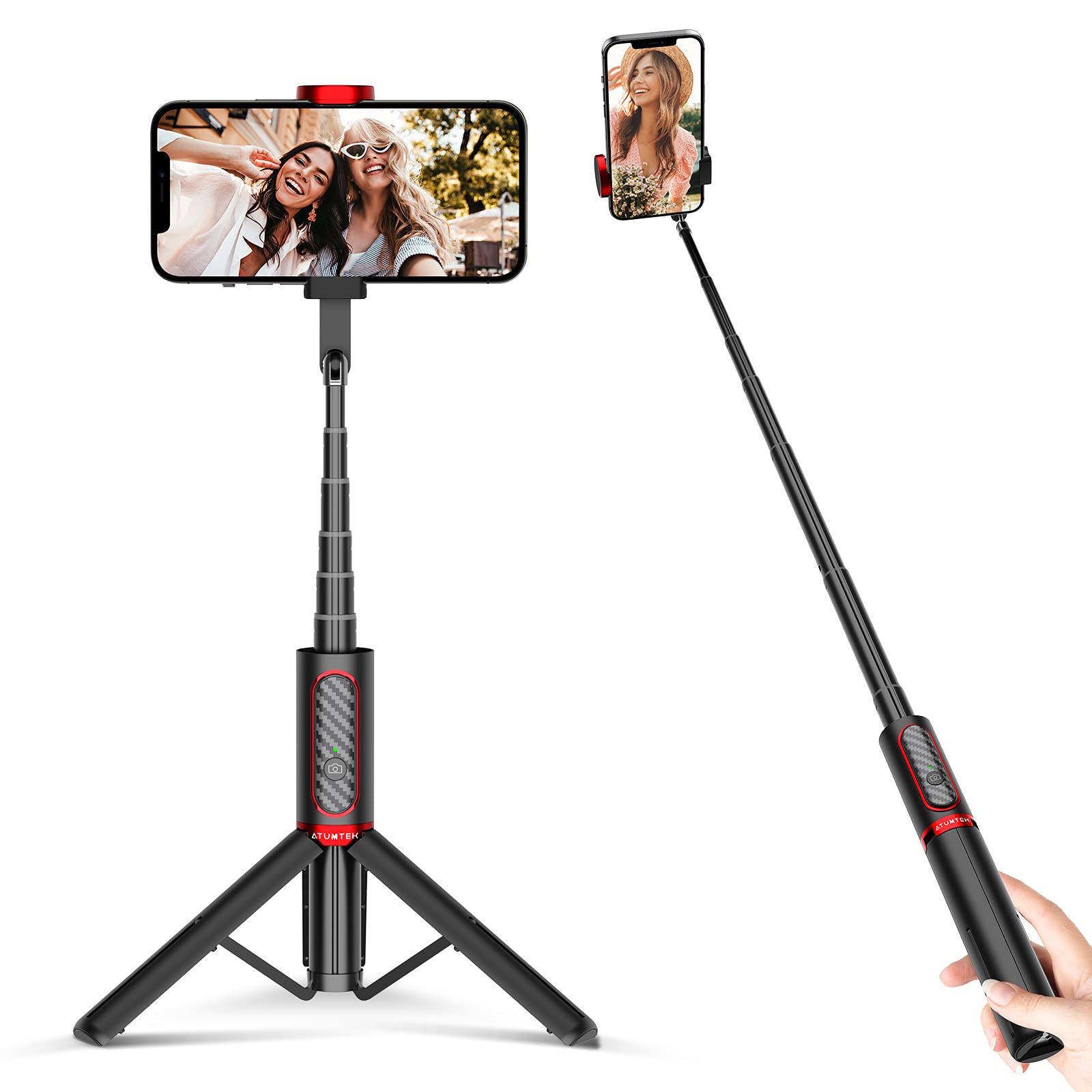 ATUMTEKBluetooth Selfie Stick Tripod, Extendable 3 in 1 Aluminum Selfie Stick with Wireless Remote and Tripod Stand 270 Rotation for iPhone 13/12/11 Pro/XS Max/XS/XR/X, Samsung and Smartphone Red