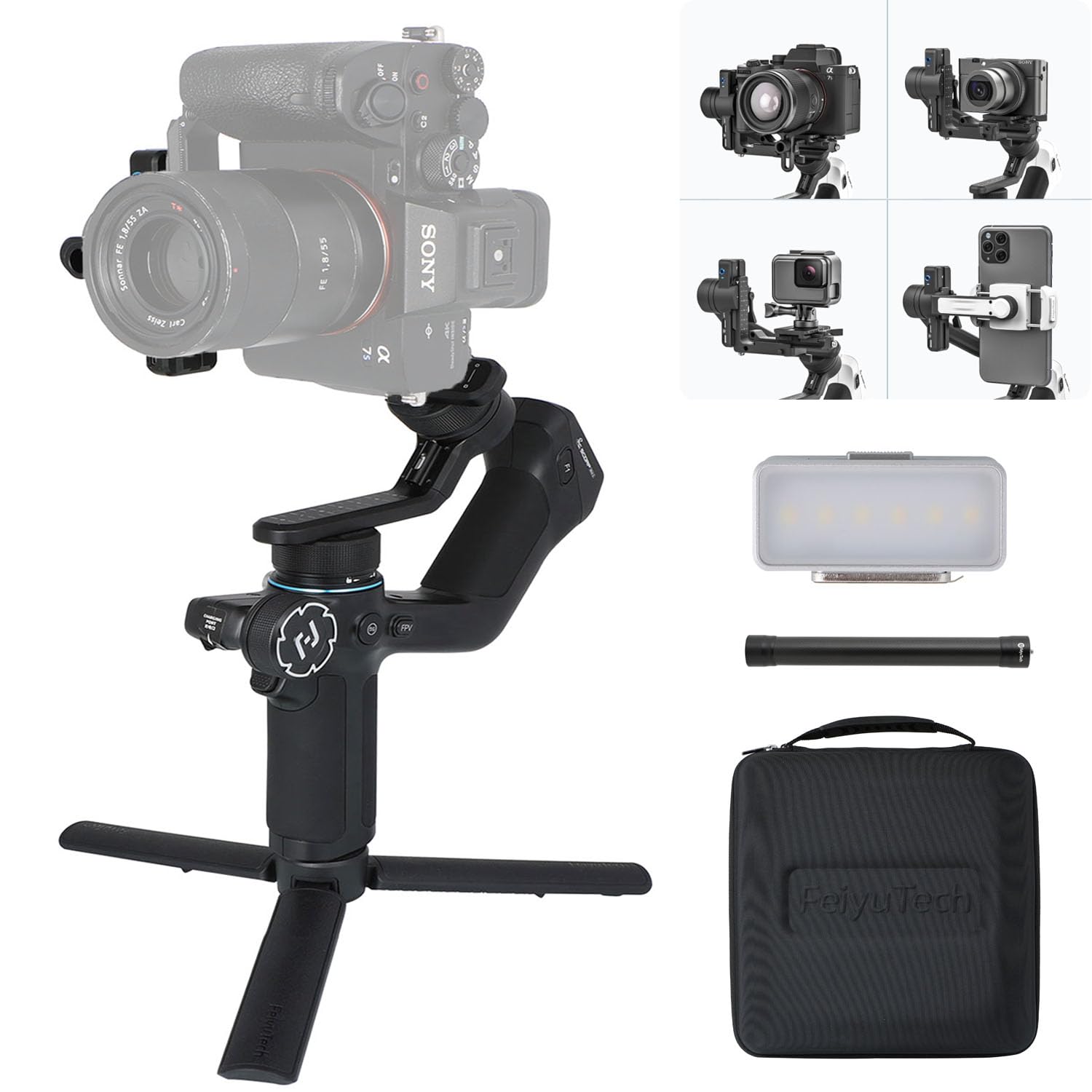 FeiyuTechOfficial SCORP Mini 2 Kit, Gimbal Stabilizer with 3 axis, All in One Gimbal for Mirrorless Cameras,Smartphone,Action Cameras,Built-in AI Tracker,with Carrying Case,Black