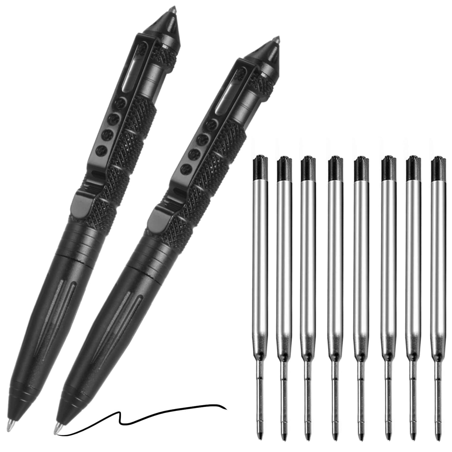 Tungsten Steel Military Tactical Pen - 2 Pack Emergency Self Defense with 8 Black Ballpoint Refills for Writing, Professional Glass Breaker Pen, Multitool for Father's Day