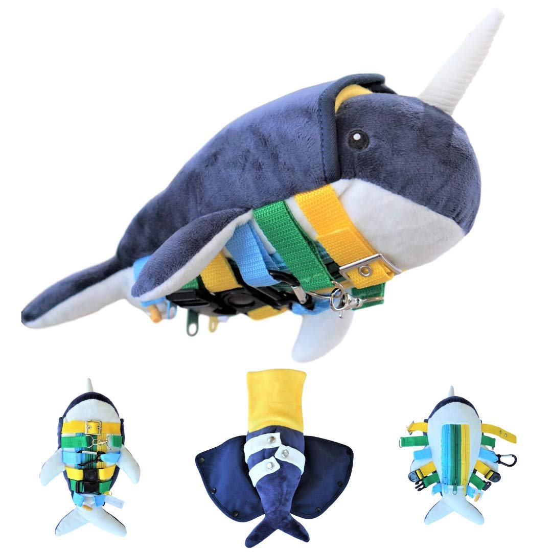 SENSORY4U Buckle Pillow Sensory Narwhal Stuffed Animal Fine Motor Development Toy Activity Plushie - Counting Sorting Zipper Skills Marble Maze Toy