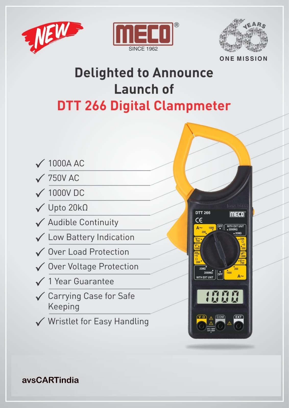 Meco DTT 266_3 ½ Digit 2000 counts 1000A AC Manual ranging Digital Clamp Meter (Black, Yellow 2000 Counts)