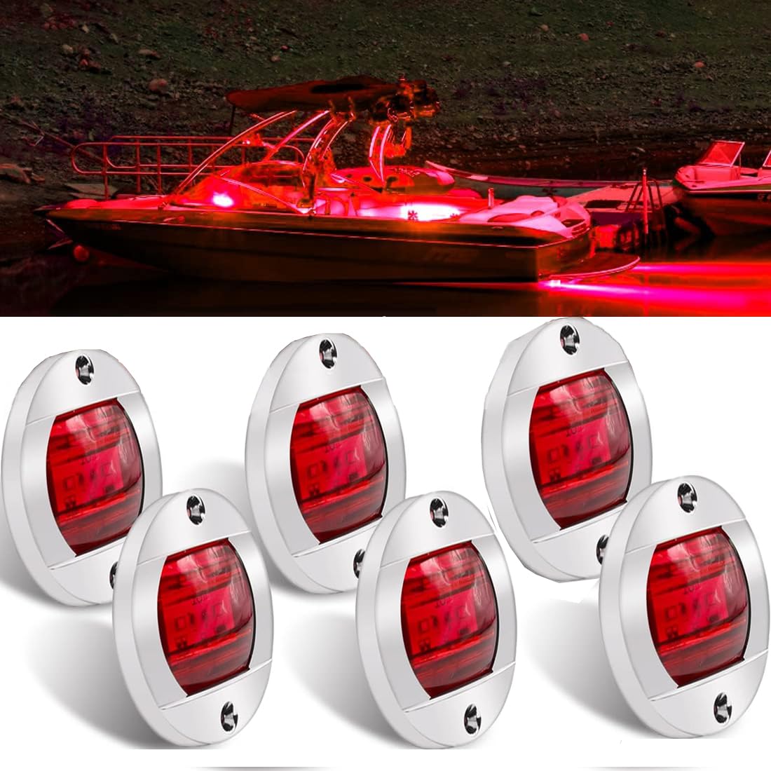 SKADE 6PCS Blue DC12V 6 LED 3 Inch Side Marker Light Navigation Lights Round Marine Boat Interior Lights IP68 Waterproof Marine Boat Yacht Transom Anchor Stern Lights (6pcs Red)