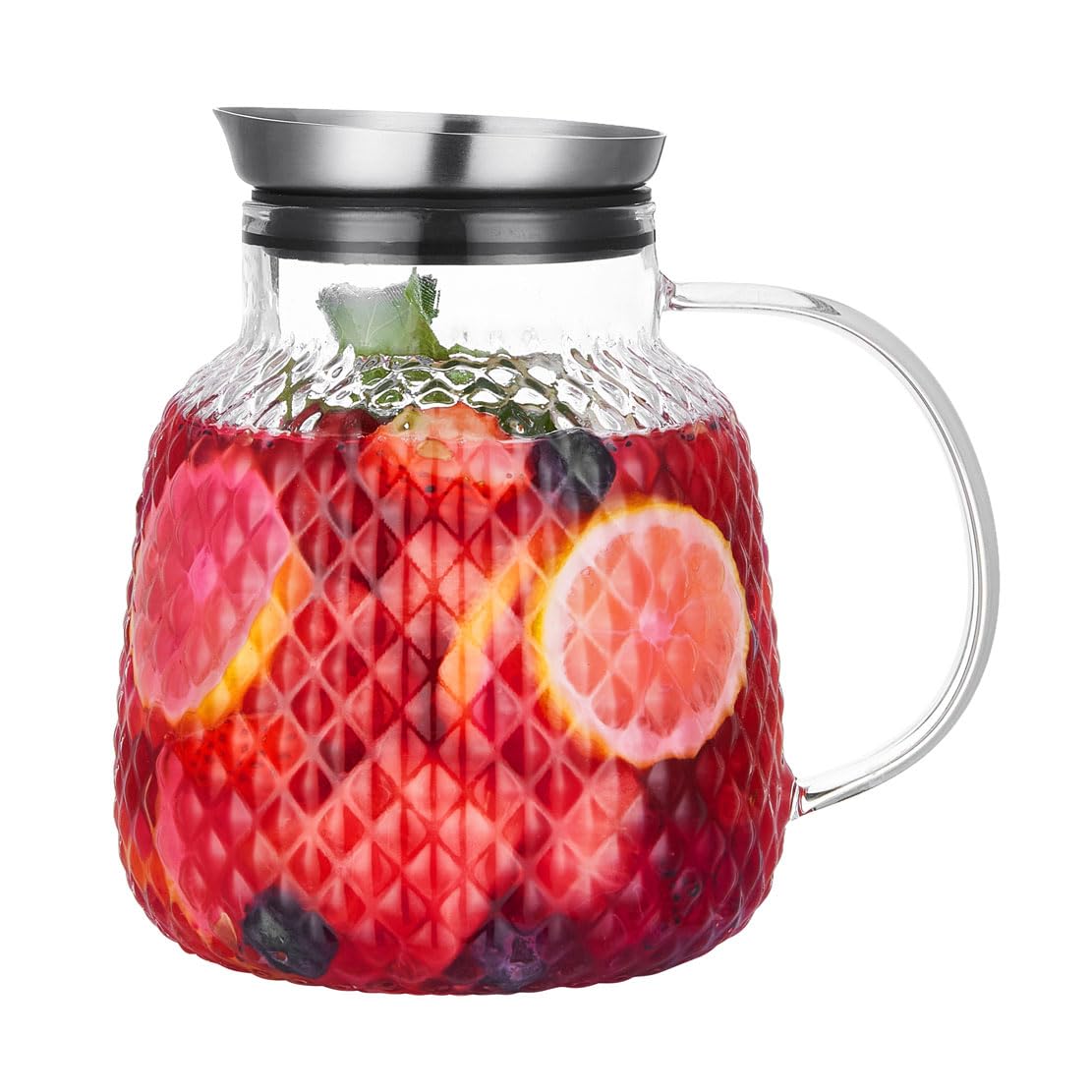 Purefold Pitcher with Lid, 40 oz Glass Jar with Stainless Steel Lid for Hot and Cold Water, Fruit Tea, Coffee Maker, Ice Tea, Juice, Pineapple Series (Clear)