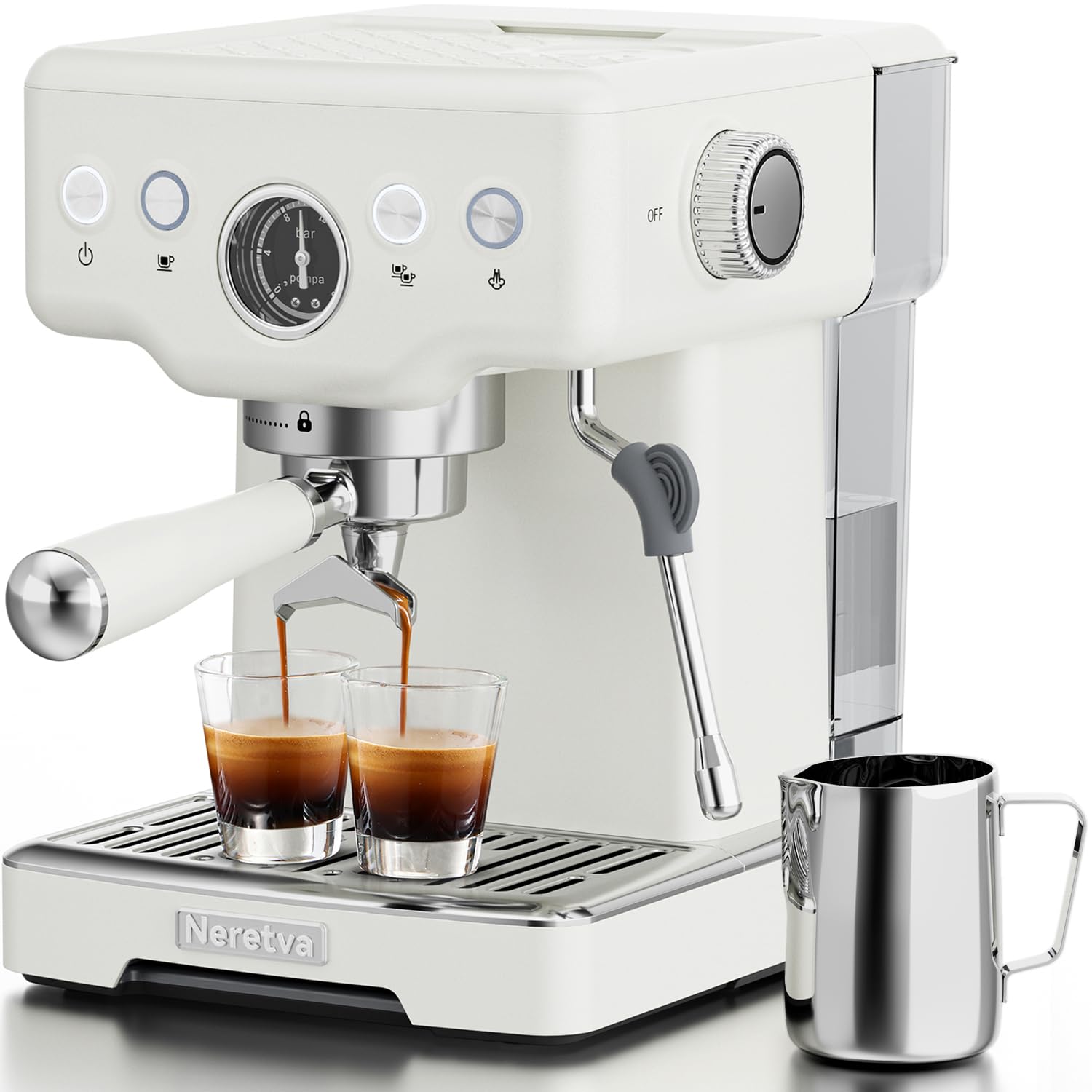 NeretvaEspresso Machine, 2 in 1 Stainless Steel Coffee and Espresso Maker Combo, 1450 W, 15 Bar Espresso Coffee Machine for Espresso, Latte, Macchiato, Cappuccino, Ideal for Home, Barista (White)