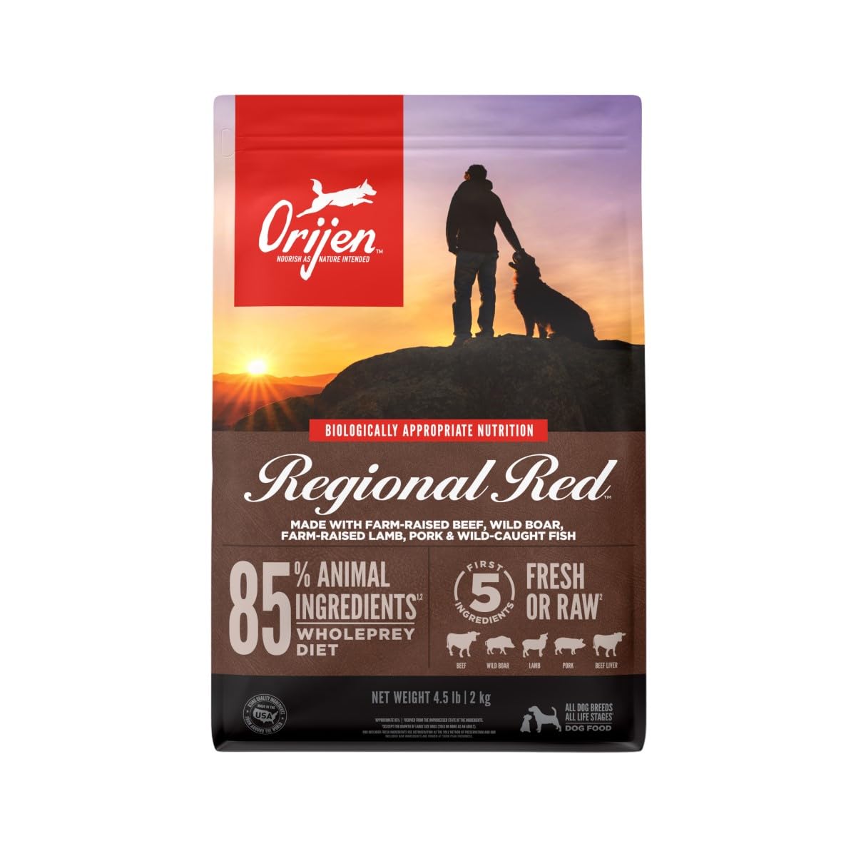 ORIJEN Dog Regional Red Recipe, 4.5lb, High-Protein Grain-Free Dry Dog Food, Packaging May Vary