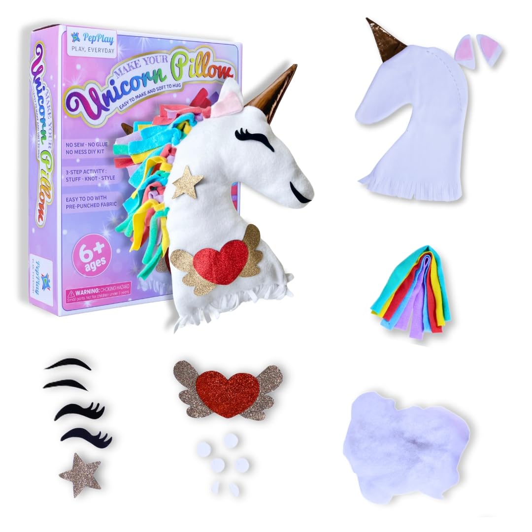 PepPlay Unicorn DIY Pillow Craft Kit for Girls, 43 Pieces Set, No Sew No Glue, Unicorn Gifts, Birthday Gift for Girls Ages 6 Years & Above, Unicorn Toys for Girls Age 6-8