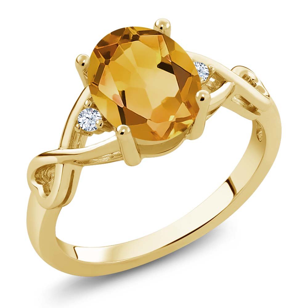 Gem Stone King18K Yellow Gold Plated Silver Yellow Citrine and White Topaz Engagement Ring For Women (1.55 Cttw Oval 9X7MM, Gemstone Birthstone, Available In Size 5, 6, 7, 8, 9)