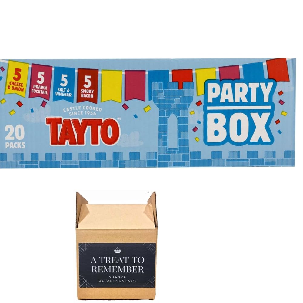 Tayto Crisps Party Box 20 Pack | Mixed Flavours | Prawn Cocktail | Cheese and Onion | Smoky Bacon | Salt & Vinegar | Christmas Present Ideas