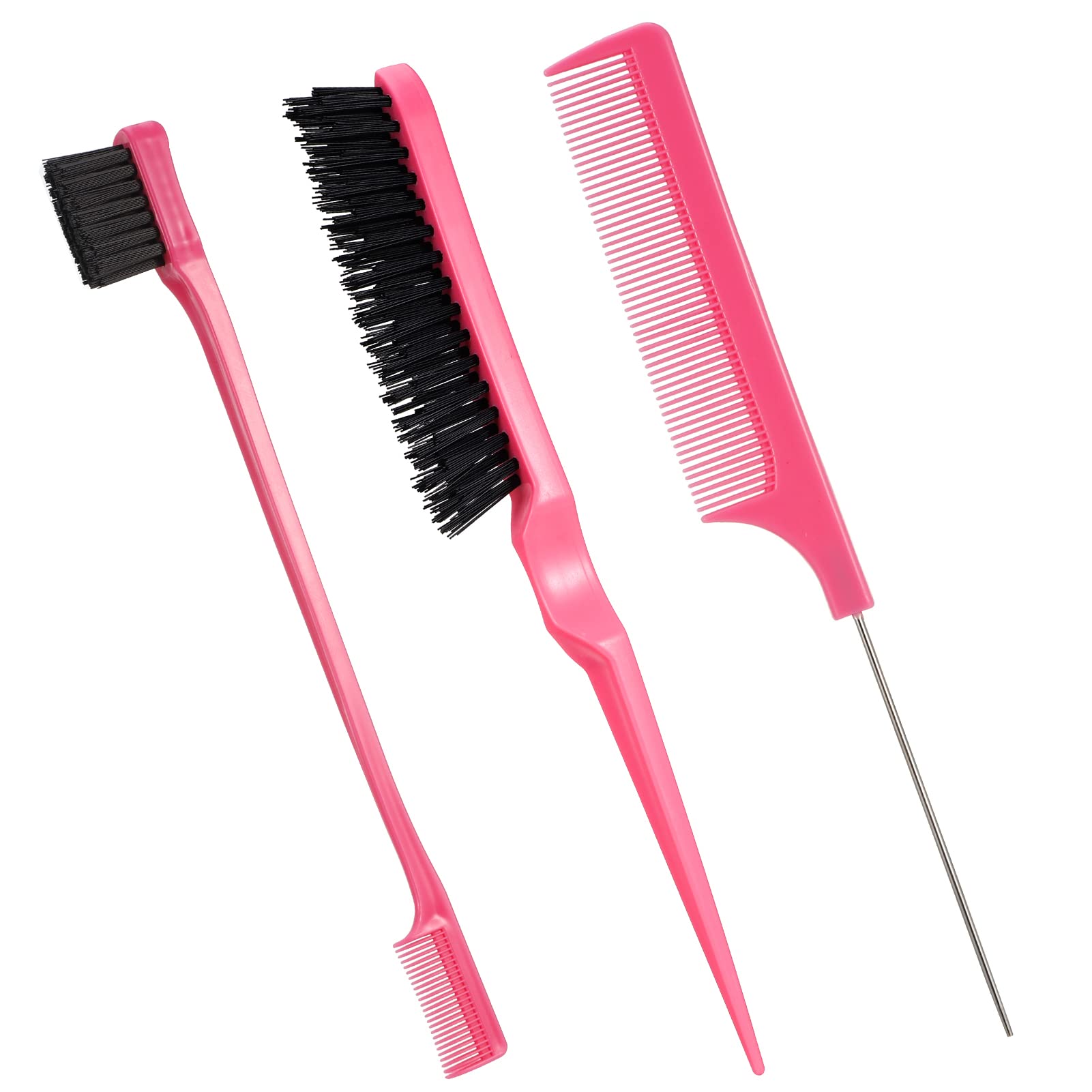 Dacitiery 3 Pcs Slick Brush Set Hair Teasing Brush Set Edge Hair Brush Bristle Hair Brush Edge Control Brush Grooming Combs Rat Tail Comb Double Sided Edge Brush for Women Babies Kids Hair (Pink)