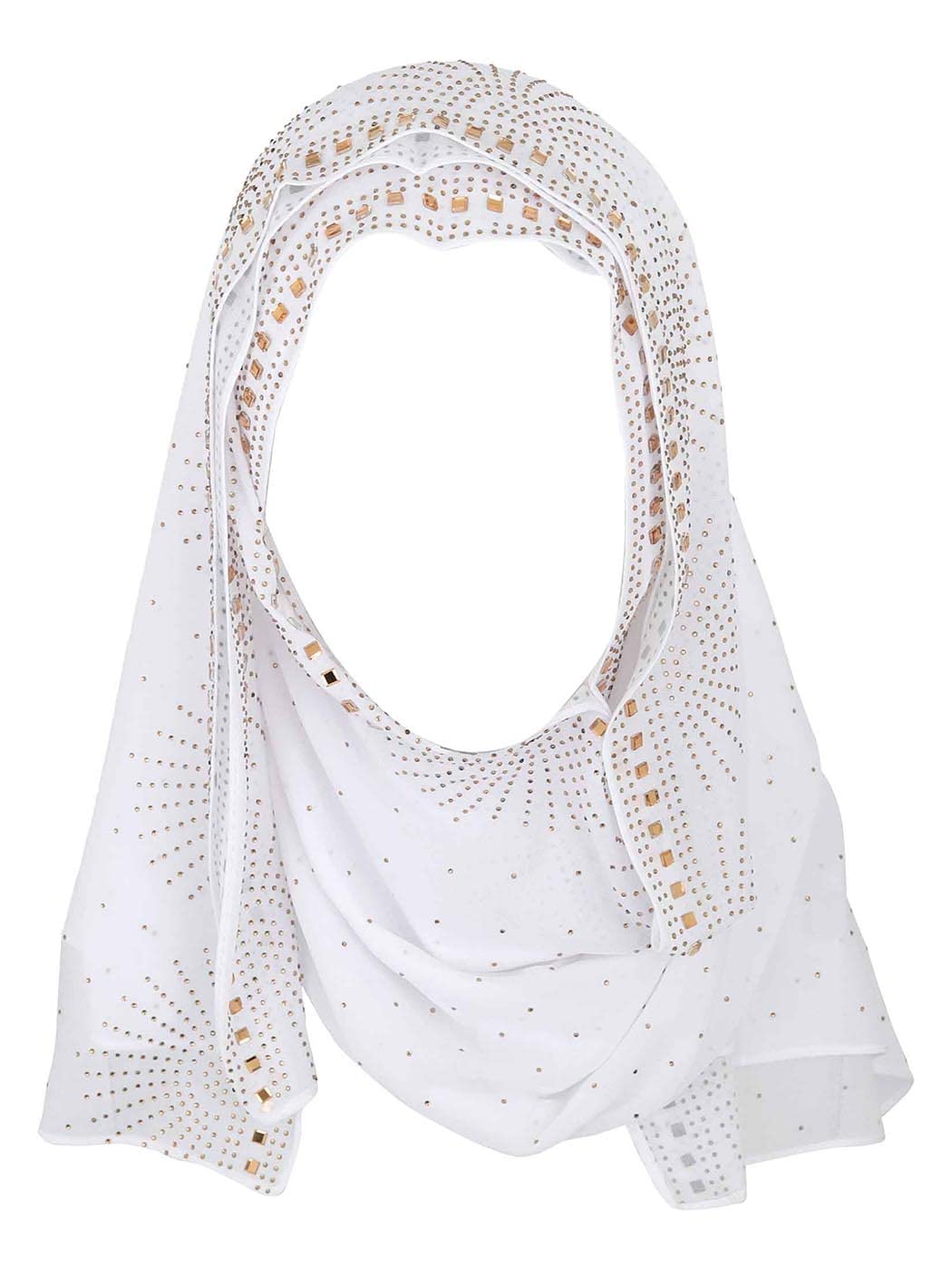 Chiffon Muslim Hijab White Rhinestone Long Scarf Lightweight Breathable Head Wrap Scarf Shawl for Women and Girls