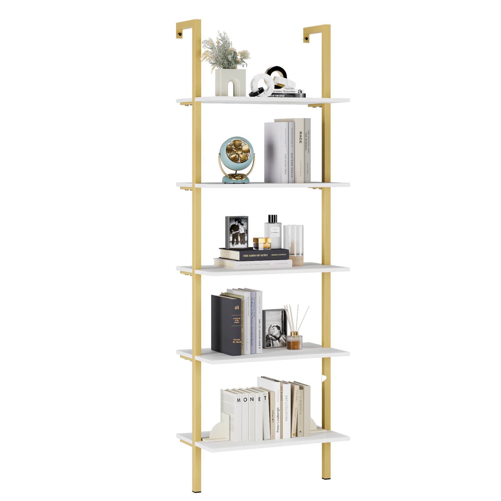 finetones Wall Mounted Bookcase 5-Tier, 72.6’’ Height Ladder Shelf with Metal Frame and Wood Shelf, Open Bookshelf Plant Flower Stand Display Storage Organizer Shelves for Home Office, White/Gold