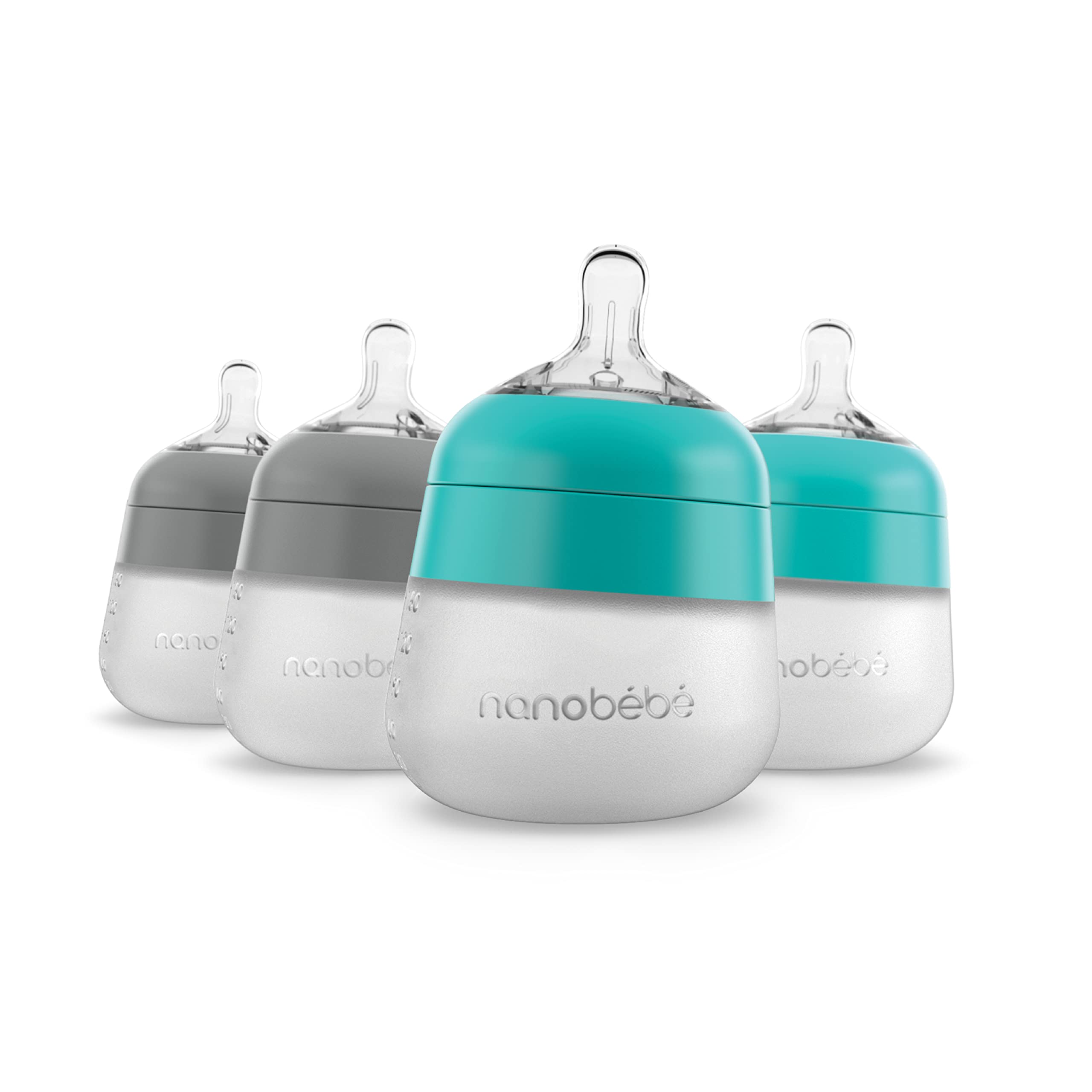 Nanobébé Flexy Silicone Baby Bottle, Anti Colic, Natural Feel, Non Collapsing Nipple, Non Tip Stable Base, Easy to Clean 4 Pack, Grey/Teal, 5 oz