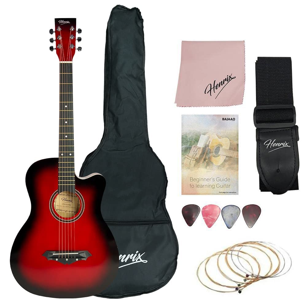 Henrix 38C PRO 38 Inch Basswood Cutaway Acoustic Guitar With Die-Cast Tuners, Dual-Action Truss Rod, Gig-Bag, Picks, String Set, String Winder, Strap & Polishing Cloth - Red Burst