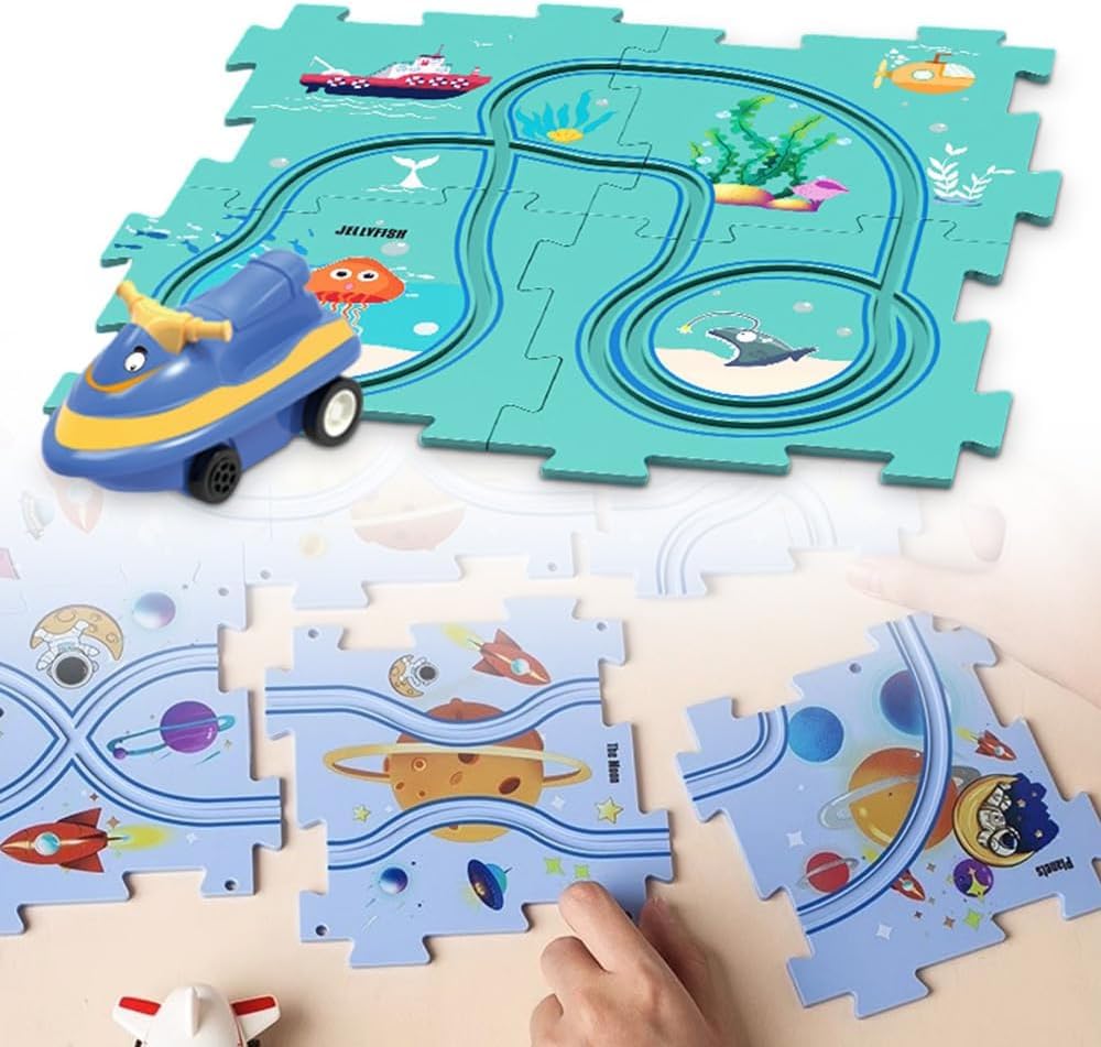 Puzzle Track Car Play Set,DIY Assembling Electric Trolley, Toy Vehicle & Assembling Puzzle Board,Gifts for Boys Girls Age 3+ Year Old. (5PCS, Blue)