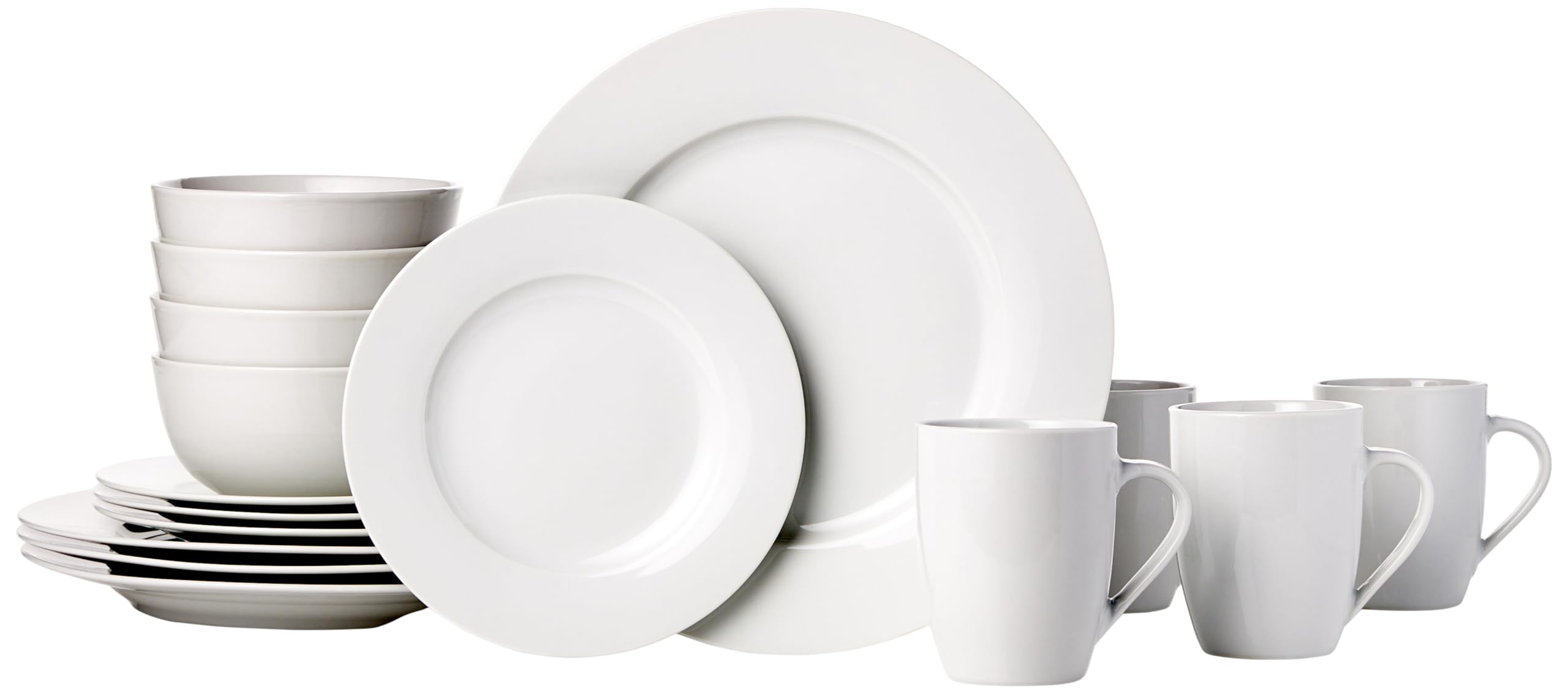 Amazon Basics 16-Piece Porcelain Kitchen Dinnerware Set with Plates, Bowls and Mugs, Service for 4 - White