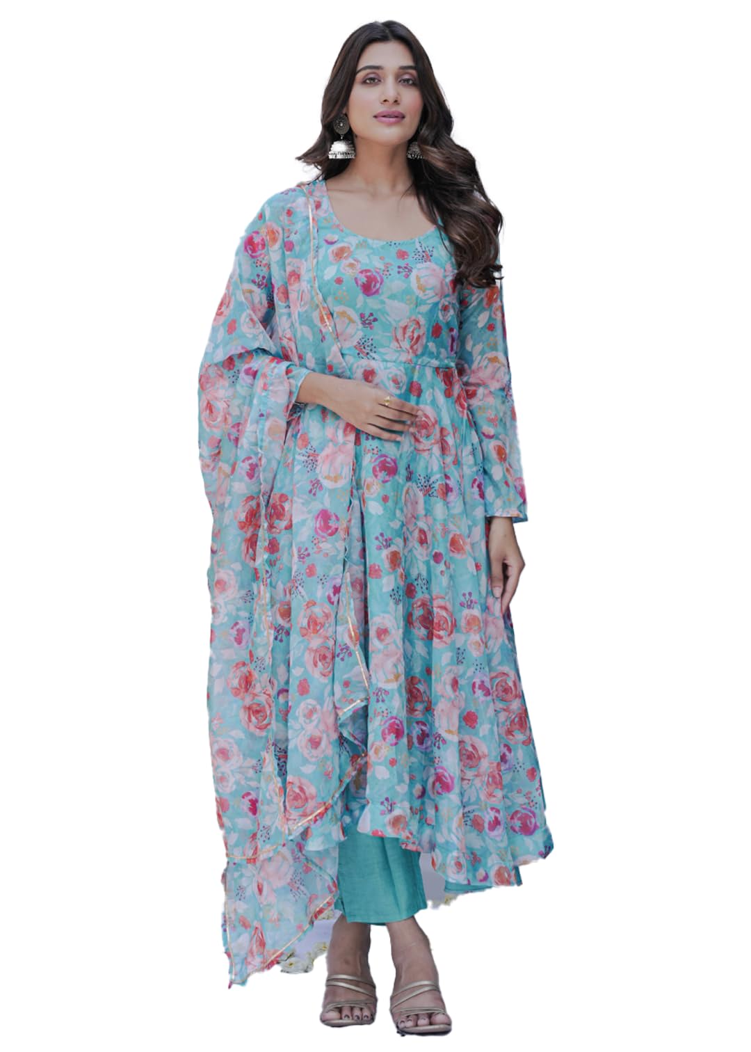 Sitaram Designer Women's Digital Print Turquoise Blue Organza Flared Kurta Dupatta & Pant Set