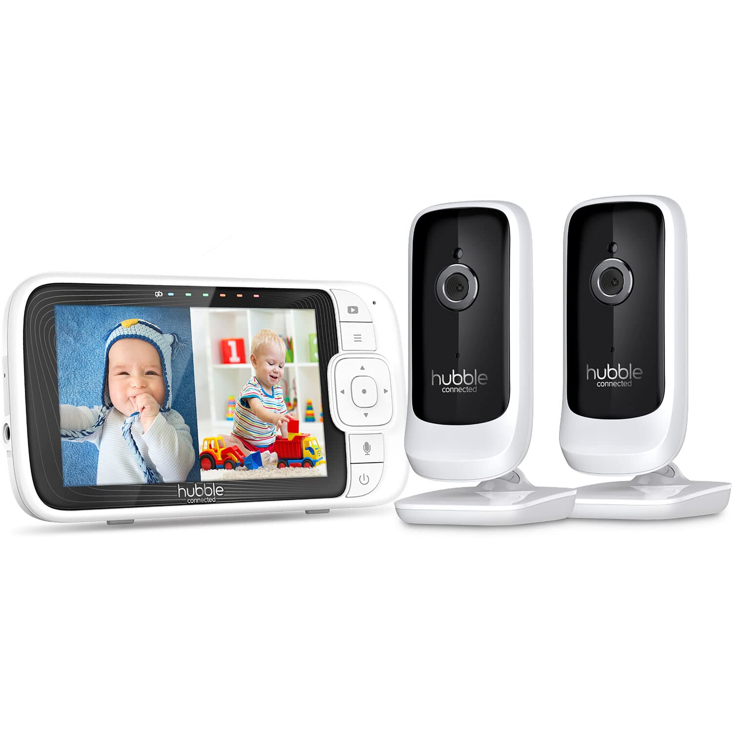 HUBBLE CONNECTEDNursery Pal Link Premium Twin Smart Wi-Fi Enabled Baby Monitor with 2 camera units, Large 5-inch color parent unit viewer, preloaded soothing sounds, white noise, wall mount, white