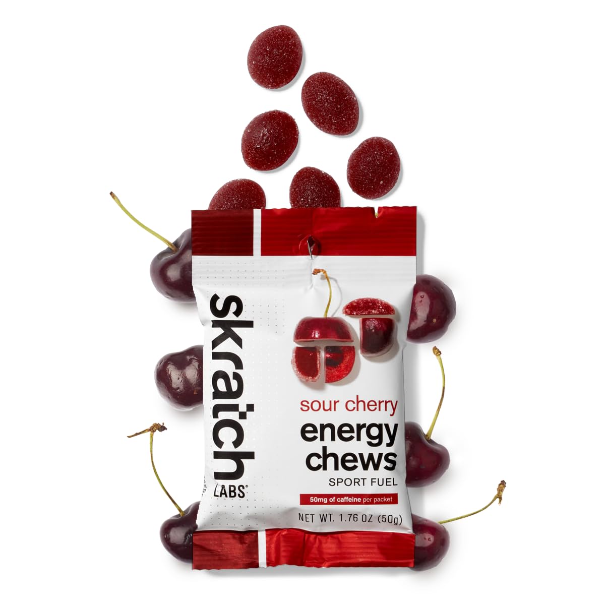 Skratch Labs Sport Energy Chews, Sour Cherry with Caffeine (10 Pack) - Developed for Athletes and Sports Performance, Gluten Free, Dairy Free, Vegan