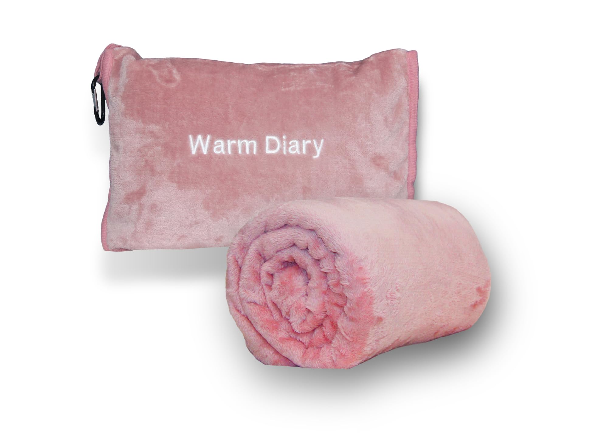 Premium Plush airplane travel blanket for car Hand Luggage office Backpack Clip Long Flight Essential with soft pillowcase (pink)