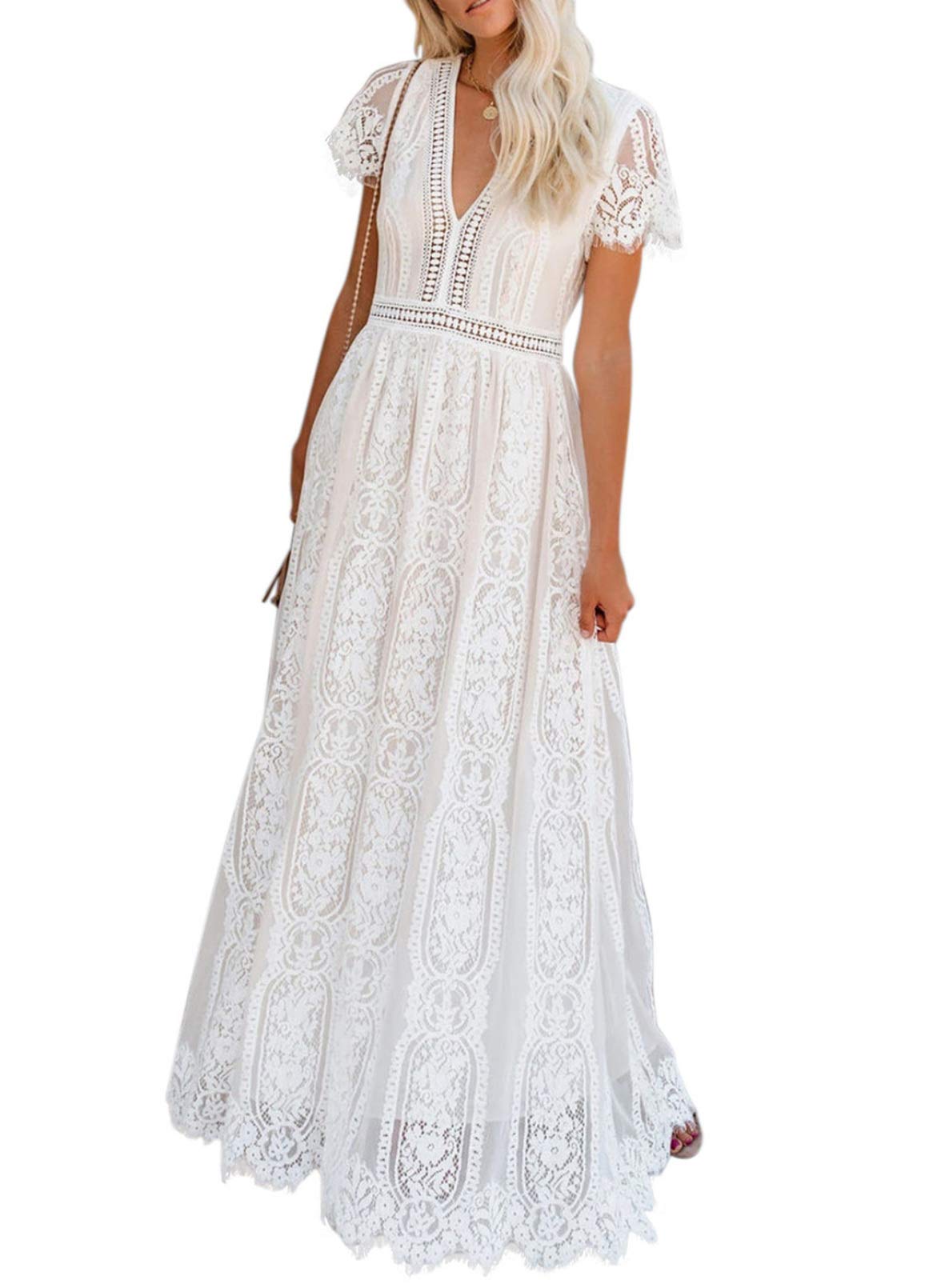 BdcocoWomen's V Neck Floral Lace Wedding Dress Short Sleeve Bridesmaid Evening Party Maxi Dress