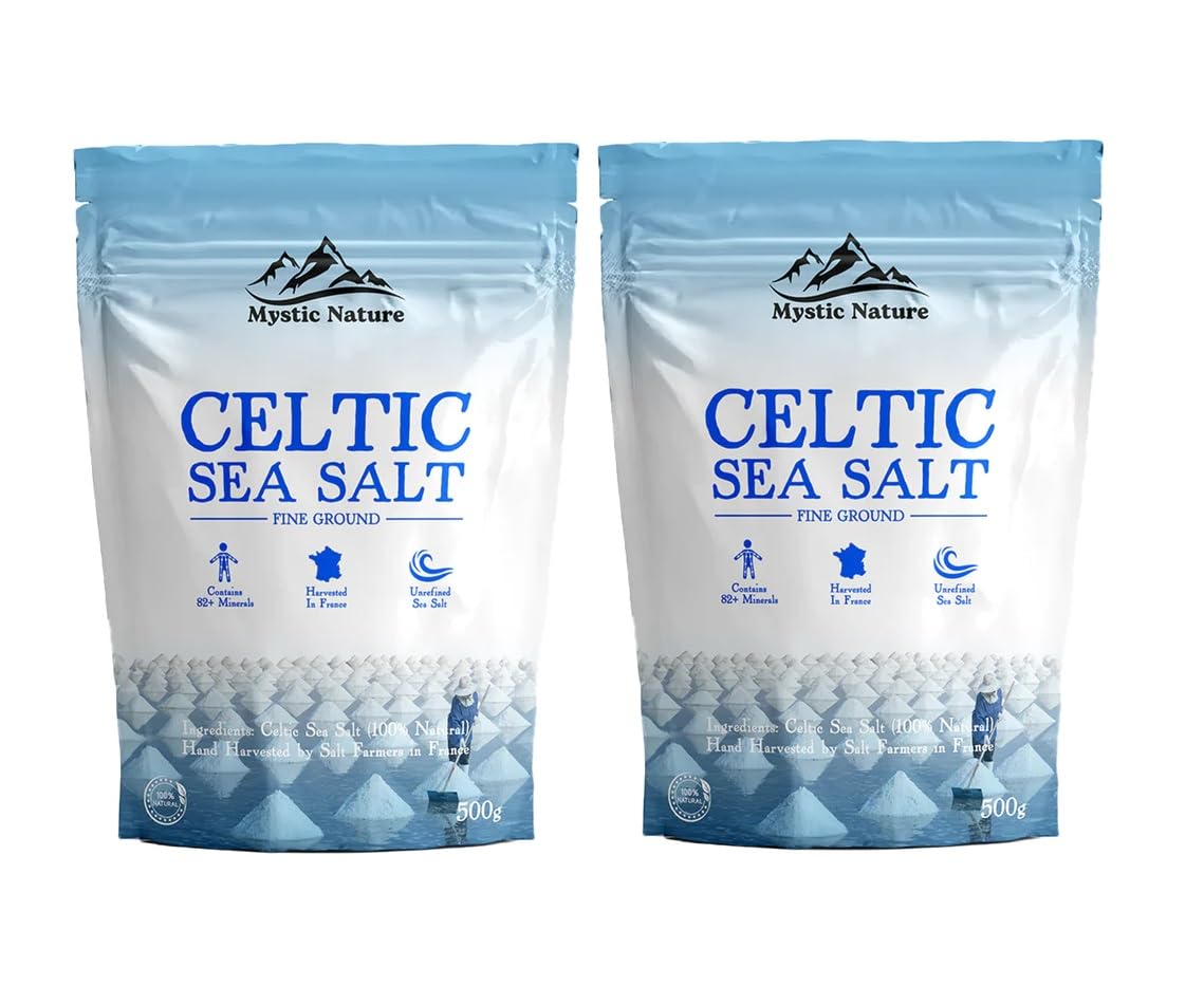 Mystic Nature Fine Ground Celtic Sea Salt - 500g | 100% Natural Celtic sea Salt | Organic Farmers & Growers Certified | Uniquely Harvested In France Providing 82+ Minerals | UK Brand Pack Of 2