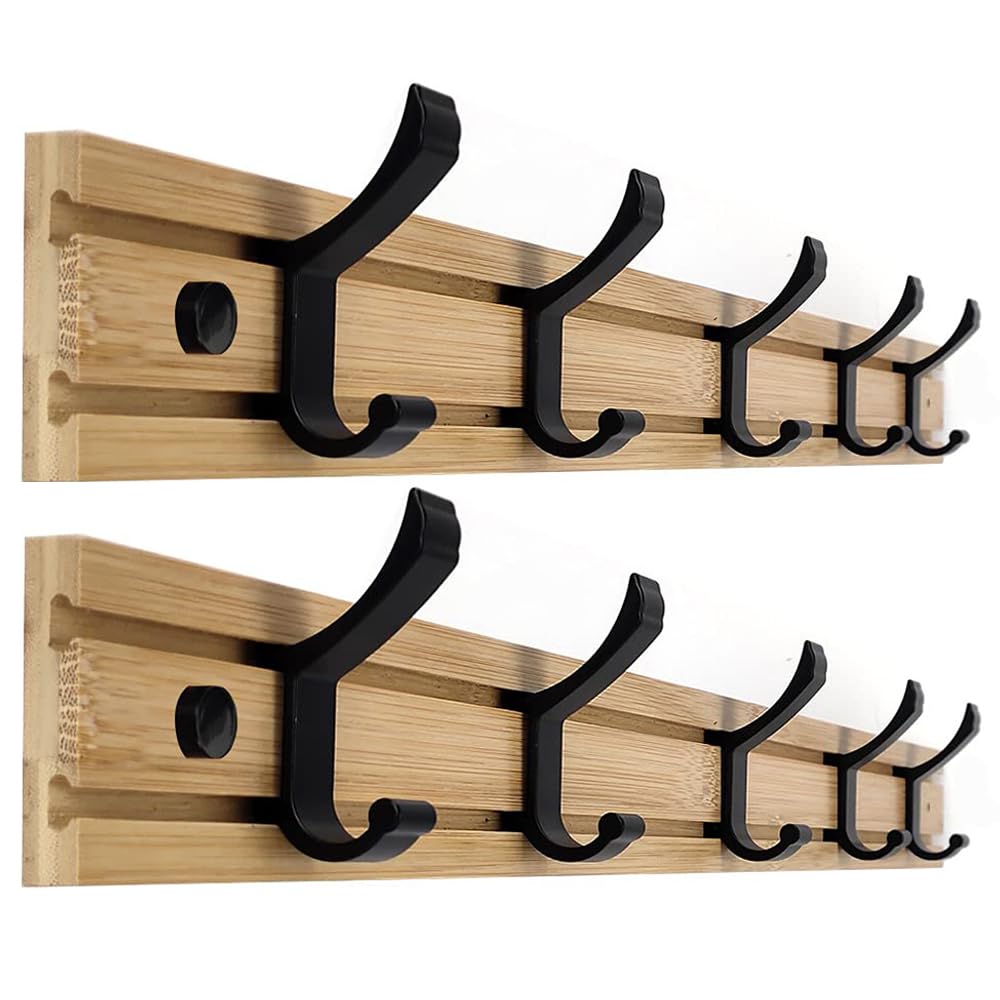 2 Pack Nordic Style Wall-Mounted Clothes Rack with 1.2 mm Thick, Solid Nanmu Wood with Space Aluminum Hooks, Moisture-Proof and Mold-Resistant, Two Installation Methods (No Drilling & Drilling)