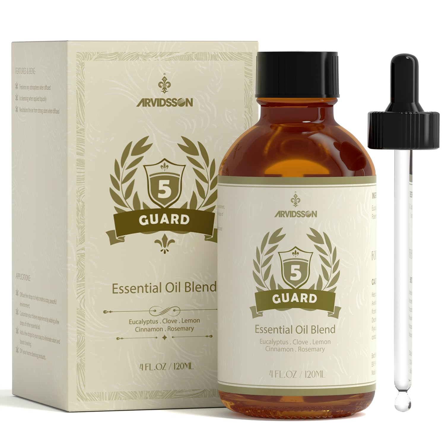 ARVIDSSONFive Guards Essential Oil Blend 4 Fl. Oz (120ml), Thieves Essential Oil, Combination of Clove, Eucalyptus, Lemon, Cinnamon, Rosemary Essential Oils, A Refreshing Experience for Home