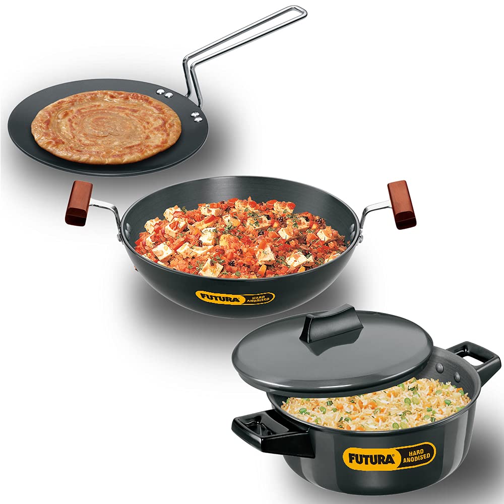 Hawkins Aluminium Futura 3 Pieces Cookware Set 4 - Hard Anodised Tava, Kadhai, Cook-N-Serve Bowl With One Hard Anodised Lid, Black (Aset4)