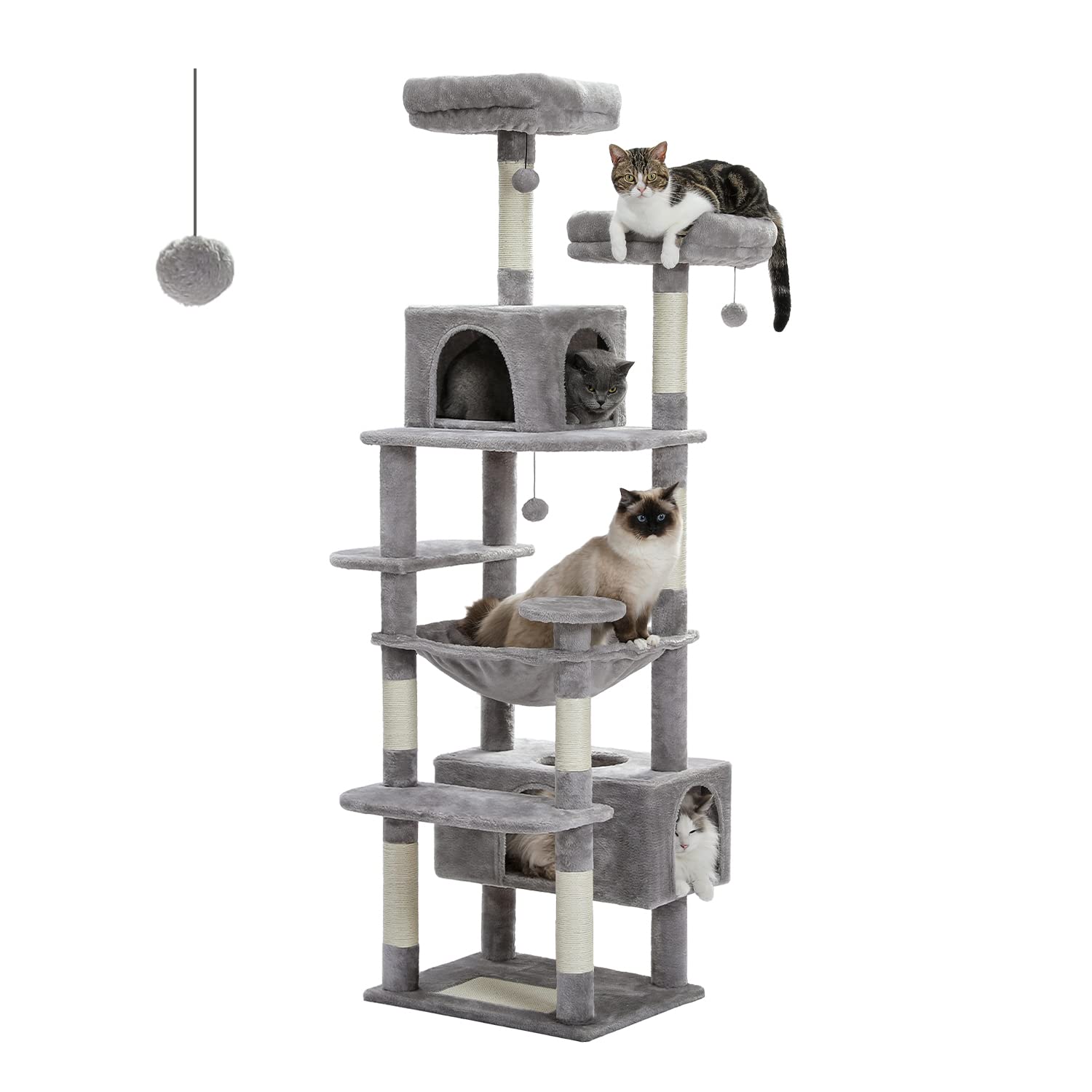 PAWZ Road Large Cat Tree, 184cm Cat Tower for Large Cats, Cat Condo with Sisal-Covered Scratching Posts and Pads, 2 Padded Perch, Dual Condo and Basket for Indoor Cats-grey