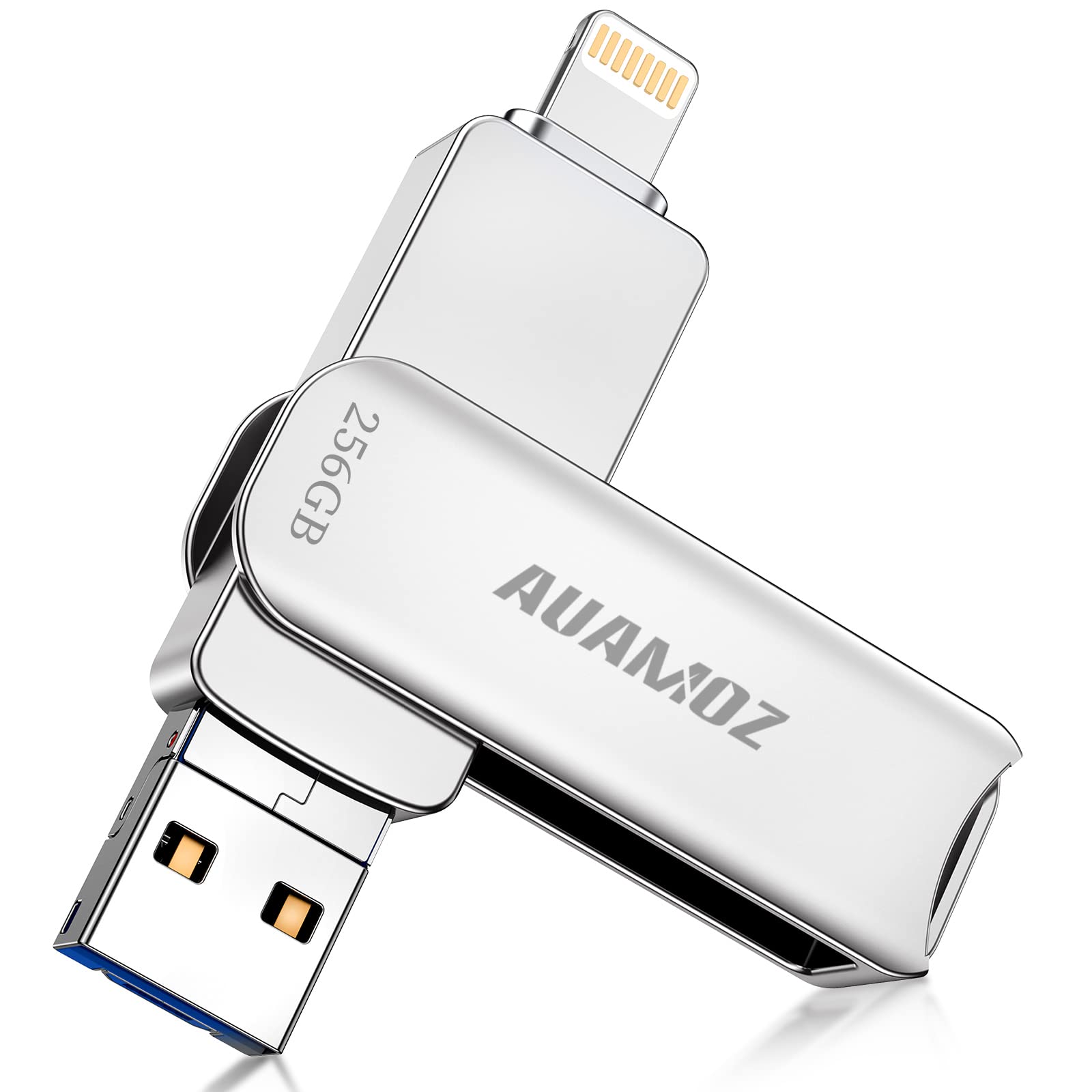 AUAMOZ 256GB Photo Stick for iPhone Flash Drive, iPhone USB Memory Stick Thumb Drives High Speed USB Stick External Storage Compatible with iPhone/iPad/Android/PC (Silver)