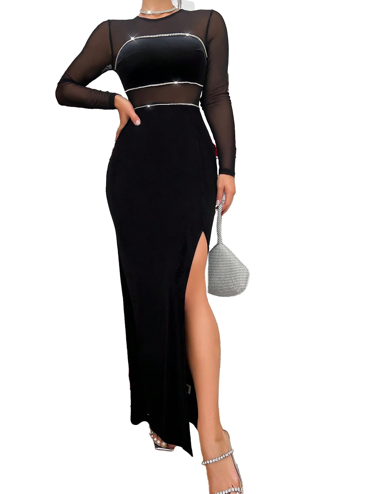 Women's Sxy V Neck Long Sleeve Tassel Hem Bodycon Midi Evening Dresses