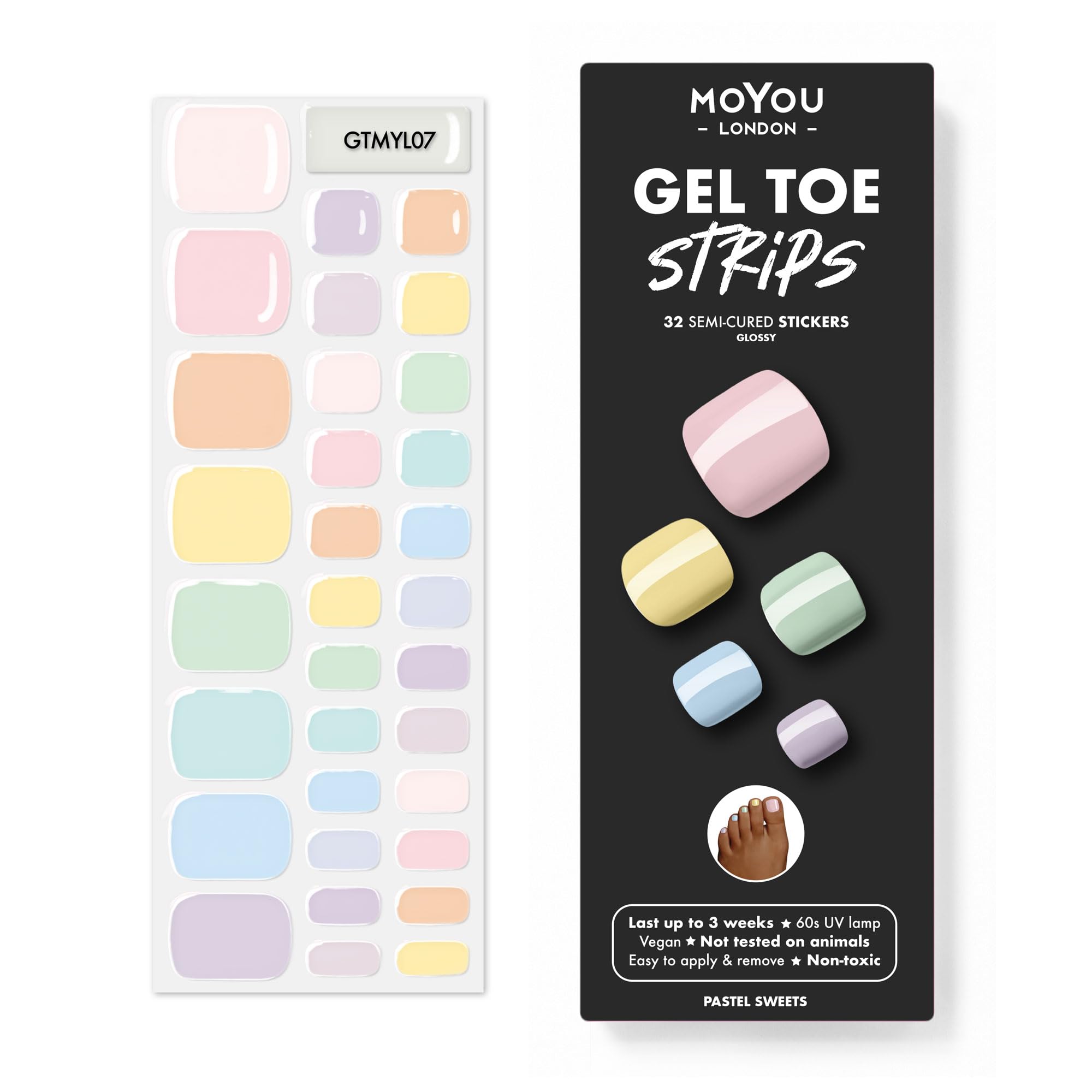 MoYou London Semi Cured Gel Nail Pedicure Strips, Nail File, & Wooden Cuticle Stick – 32 Pc. Gel Wraps for Nails – Salon-Quality Manicure Set & Pedicure Supplies, Pastel Sweets