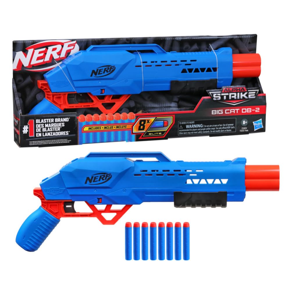 Nerf Alpha Strike Big Cat Db-2 Blaster,Double-Barrel Blasting, Fires 2 Darts in A Row,Includes 8 Official Nerf Elite Darts,Multicolor