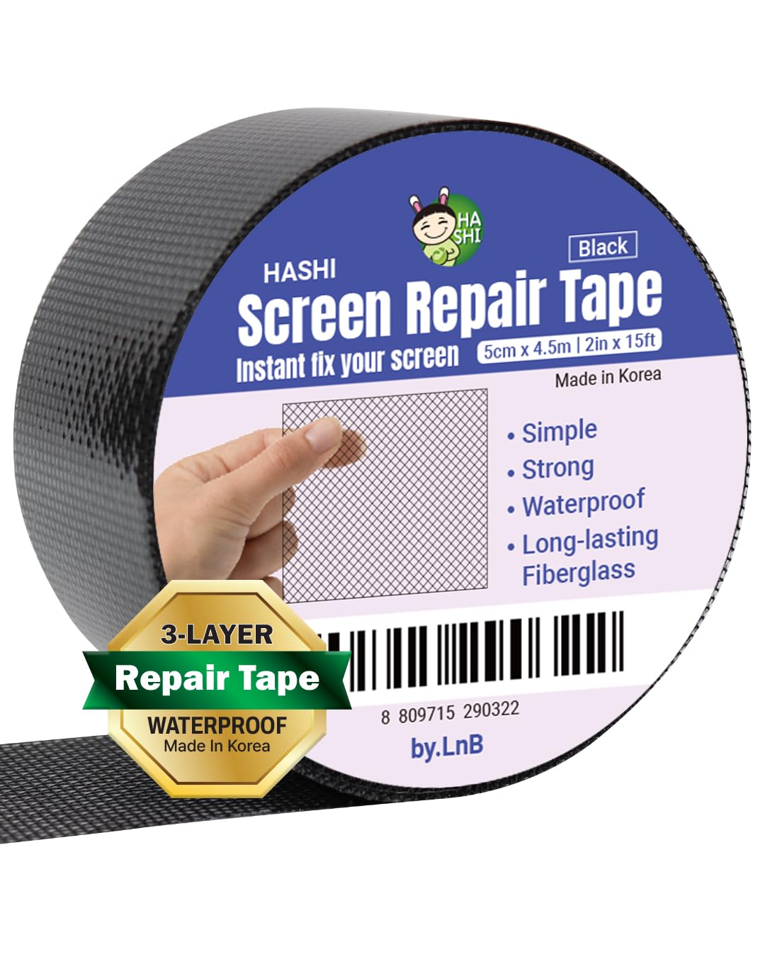 HA SHI Screen Repair Kit for Windows or Doors (2" x 15FT, Black) 3-Layer Strong Adhesive Tape, Made in Korea, Ease-Installation Fiberglass Covering Mesh