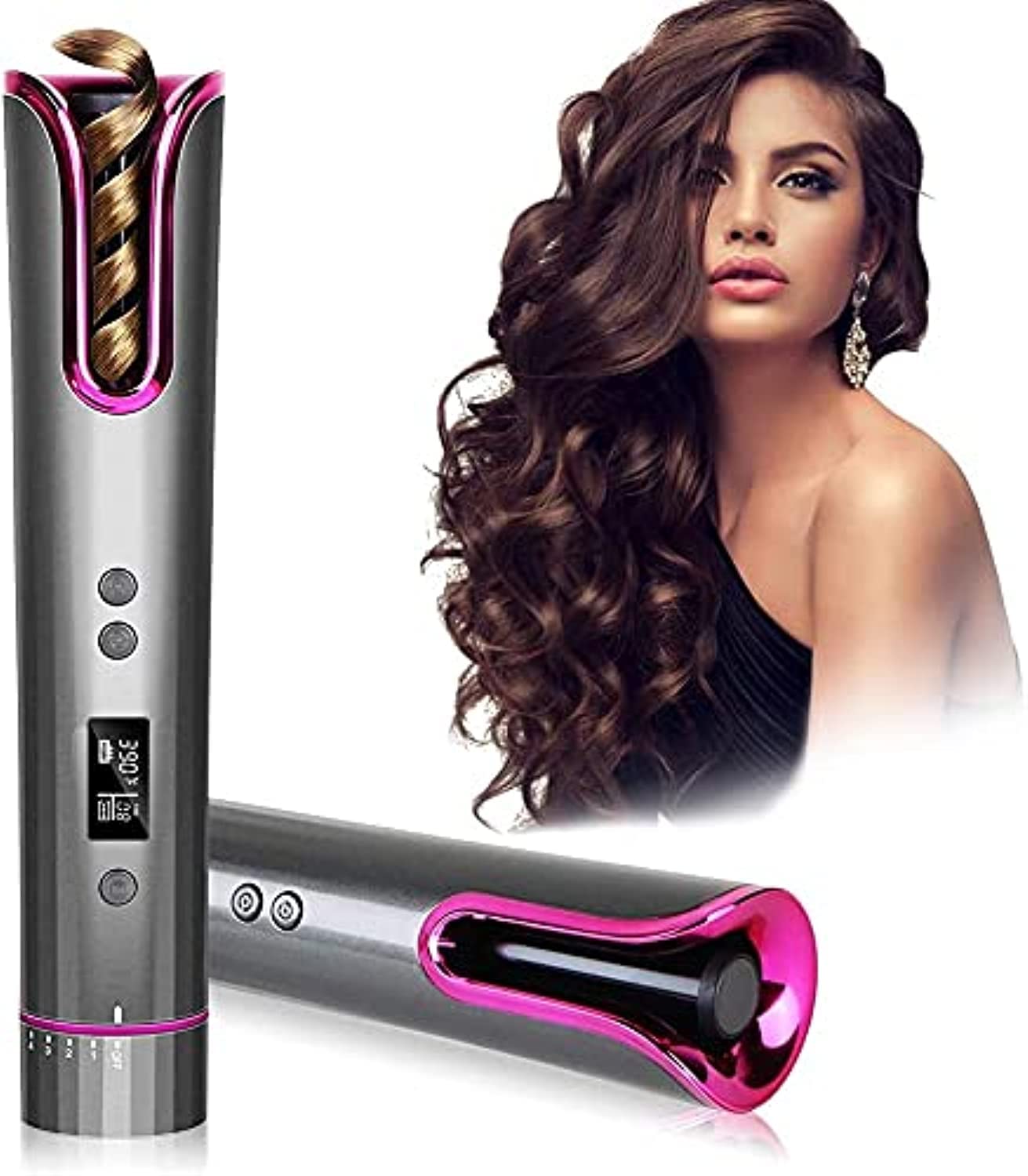 HICITICordless Hair Curler, Automatic Hair Curling Iron Auto Hair Curler Portable Rotating Curling Iron USB Rechargeable Hair Curling Wand with LCD Display and Timer, Auto Shut-Off Curling Wand