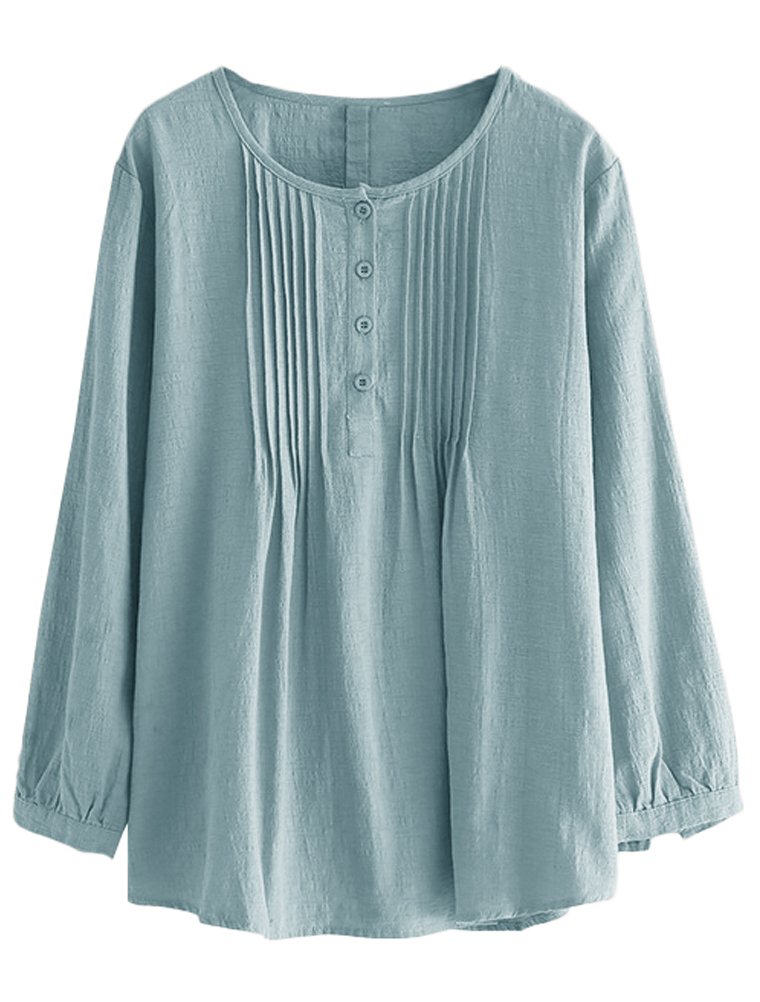 MinibeeWomen's Scoop Neck Pleated Blouse Solid Color Lovely Button Tunic Shirt