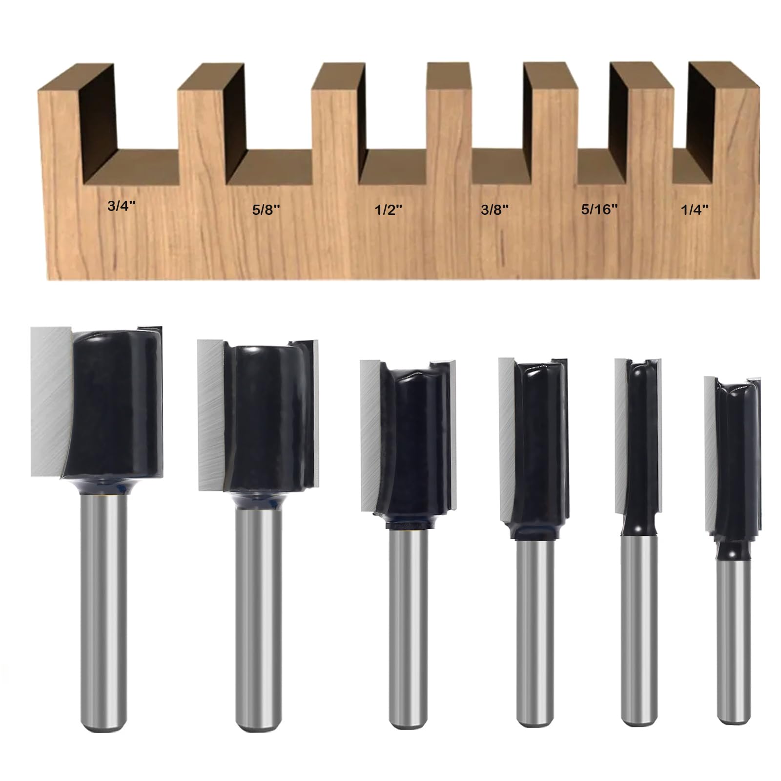 6Pcs Straight Router Bit Set 1/4 Shank, Double Flute Straight Bit Dado Straight Cut Router Bit, Cut Dia 3/4", 5/8", 1/2", 3/8", 5/16", 1/4", Straight Router Bit for Woodworking Groove by SICWOOD