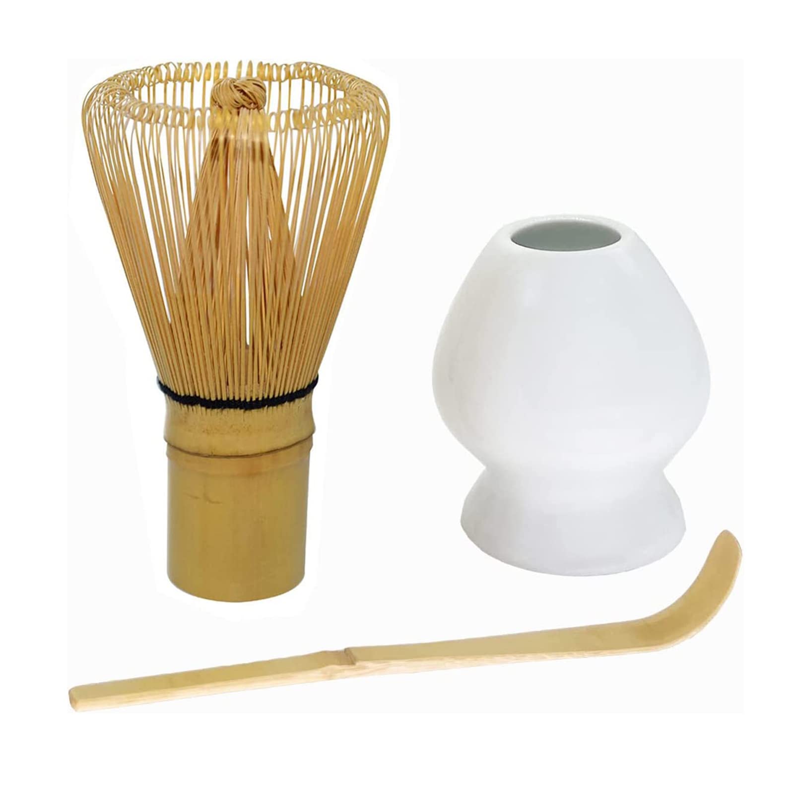 VYLORIMatcha Whisk Set, Matcha Stirrer Set, Handmade from 100% Natural Bamboo, 3-piece Set (Matcha Stirrer + Bamboo Spoon with Hook + Matcha Brush Placeer), Bamboo Whisk (White)