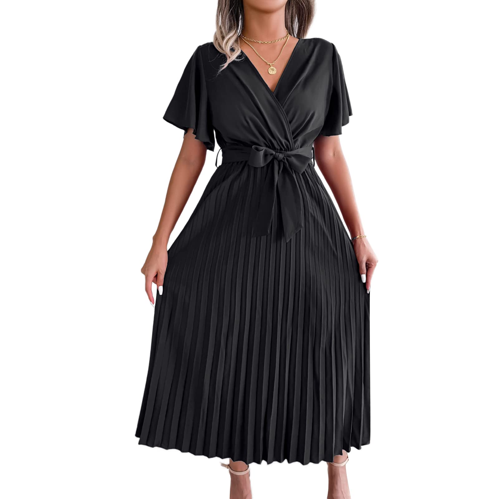 FeMereinaWomen's Elegant Belted Pleated Flounce Sleeve Long Dress Wrap V Neck A-Line Pleated Hem Flowy Swing Midi Dresse