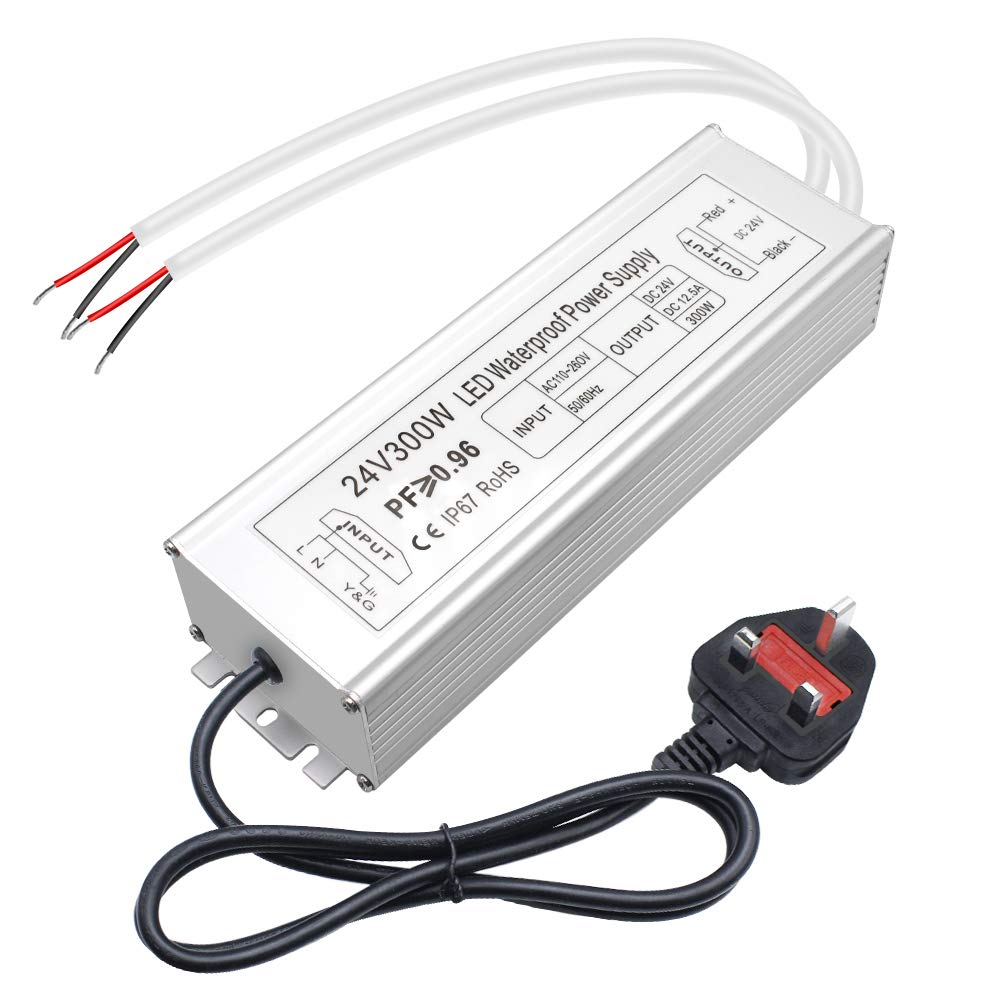 inShareplus LED Power Supply, 24V 300W IP67 Waterproof Outdoor Driver, AC 90-265V to DC 24V 12.5A Low Voltage Transformer, Adapter with 3-Prong Plug for LED Light, Computer Project, Outdoor Use