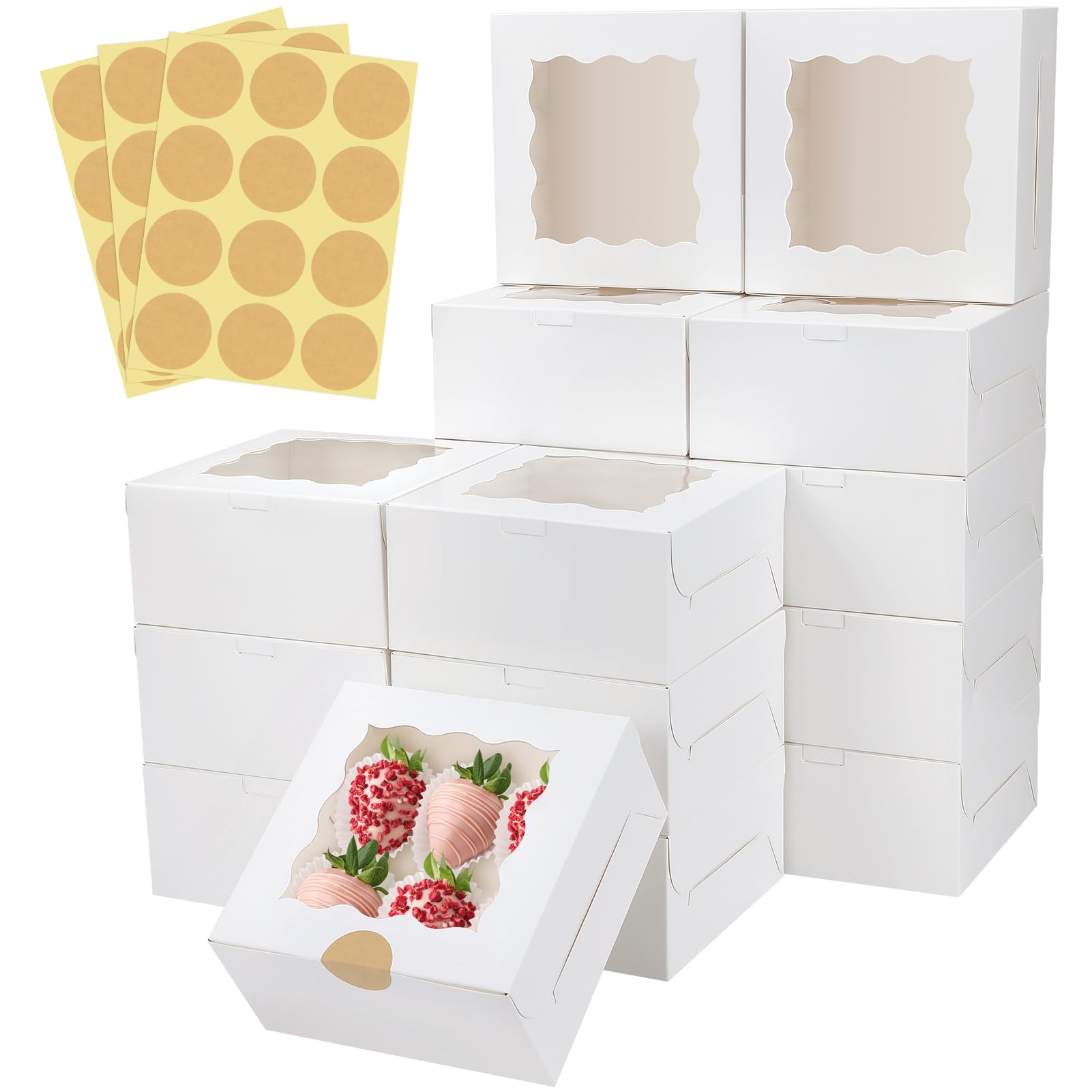 Colovis 30 Pcs White Bakery Boxes with Window, 6 X 6 X 3 Inches, White Paperboard Treat Boxes for Cookies, Pastry, Cookies, Strawberries, Macarons