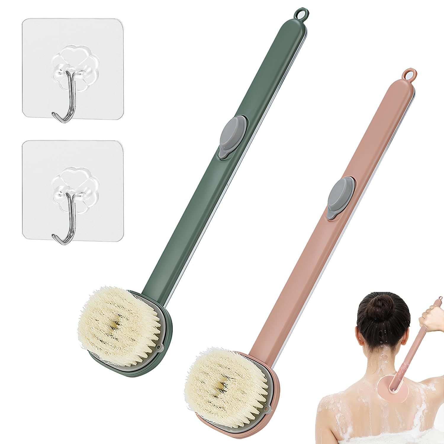 2PCS Long Handle Bath Massage Cleaning Brush, Long Handle Back Shower Bath Soap Dispenser Massage Cleaning Brush, Shower Brush with Long Handle, Soap Dispenser Brush (Pink+Green+2 Hooks)