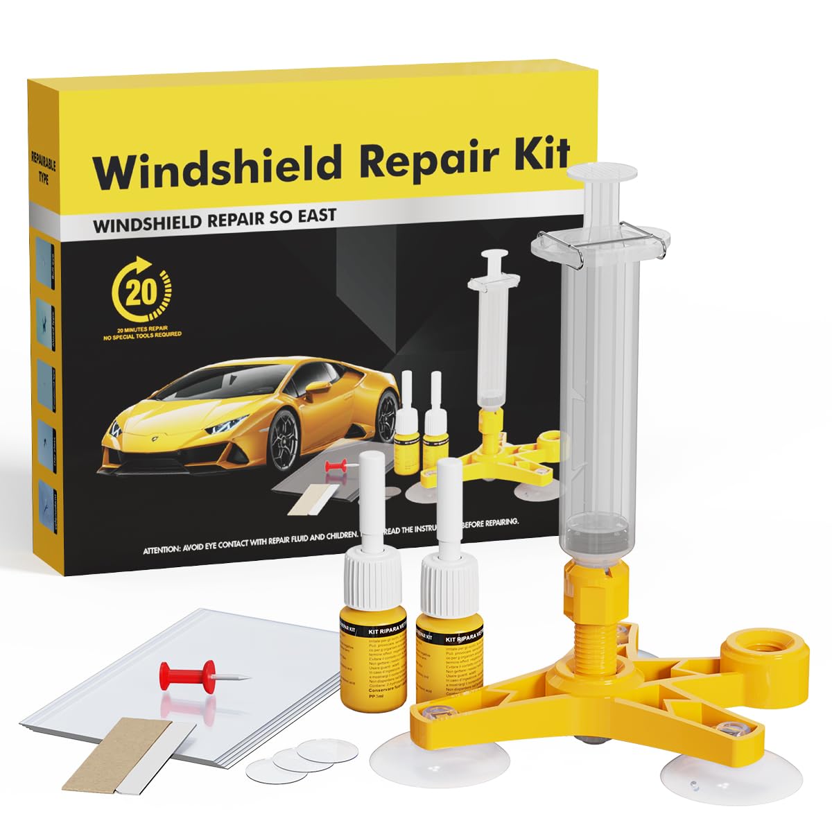 XTryfun Windshield Repair Kit, Auto Cracks Gone Glass Repair Kit, Car Windshield Chip Repair Kit with Pressure Syringes, 2pcs Windshield Repair Resin for Fix Cracks, Chips, Star-Shaped Crack Scratch