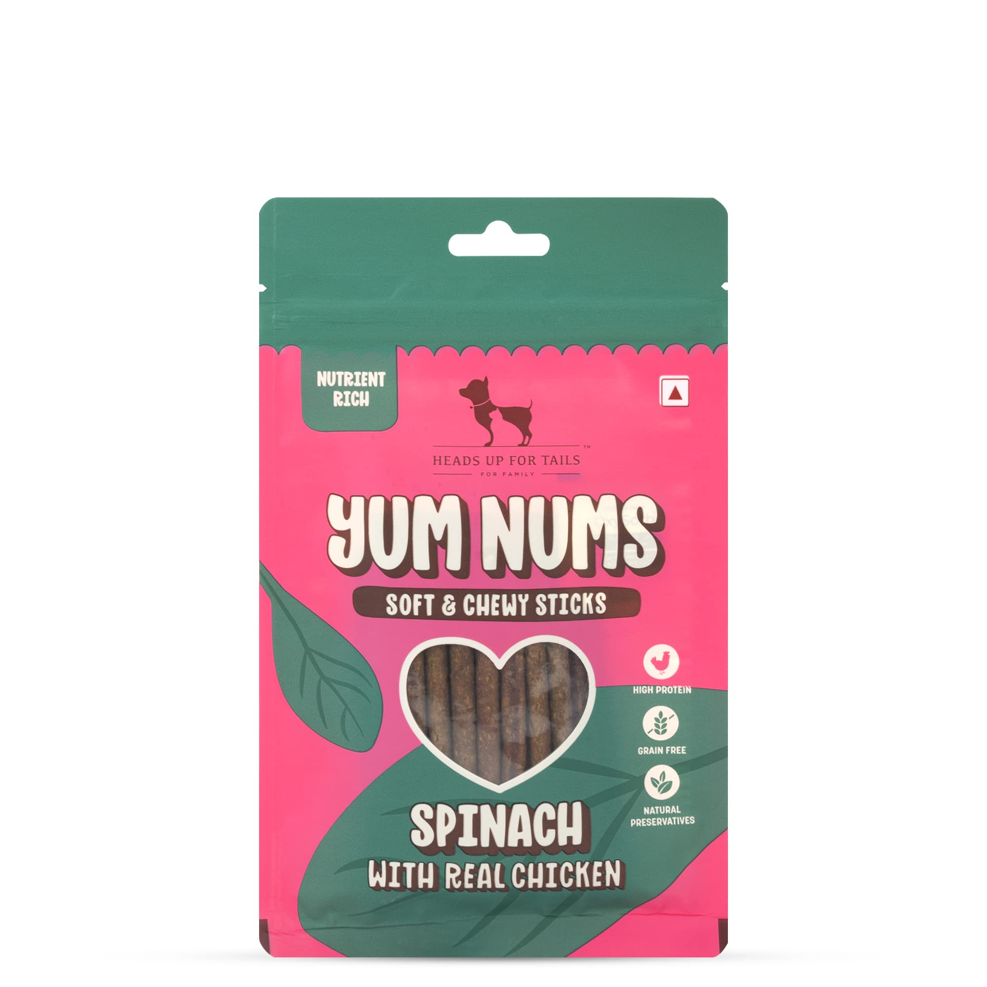 Heads Up For Tails Yum Nums Soft & Chewy Sticks Spinach with Real Chicken Treat for Dogs|High in Proteins|Gluten & Grain free|Salt & Sugar Free - 75gm,All life stages