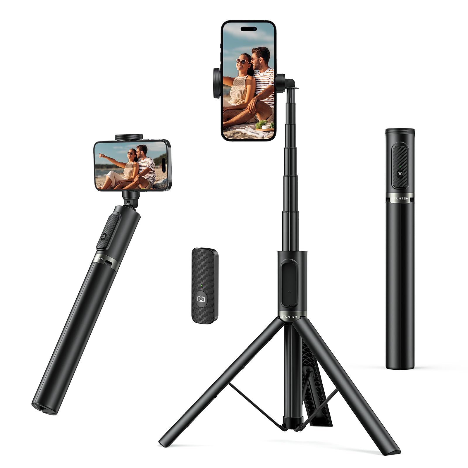 ATUMTEK Selfie Stick 140 cm, Smartphone Tripod with Rechargeable Bluetooth Remote Control, Selfie Stick Extendable Tripod in Aluminum, Compatible with iPhone, Samsung and Android Phones