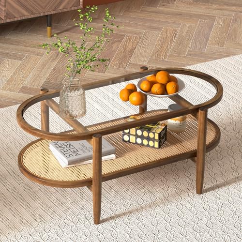 Giantex Rattan Coffee Table, 2-Tier Oval Acacia Wood Tea Table w/Tempered Glass Tabletop & PE Rattan Storage Shelf, Boho Cocktail Tables, Mid Century Modern Center Table for Living Room Office, Brown