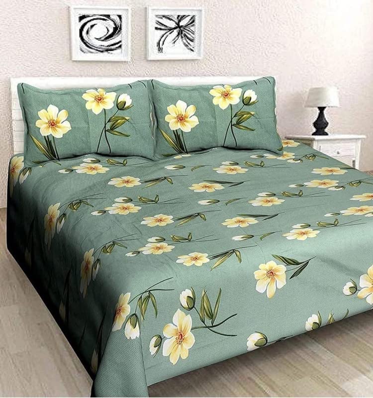 Delight Zone 160TC Supersoft Glace Cotton Double Bedsheet with 2 Pillow Covers (Multicolour, Size 90 x 90 Inch) - Green with White Flowers (BS) - Gold